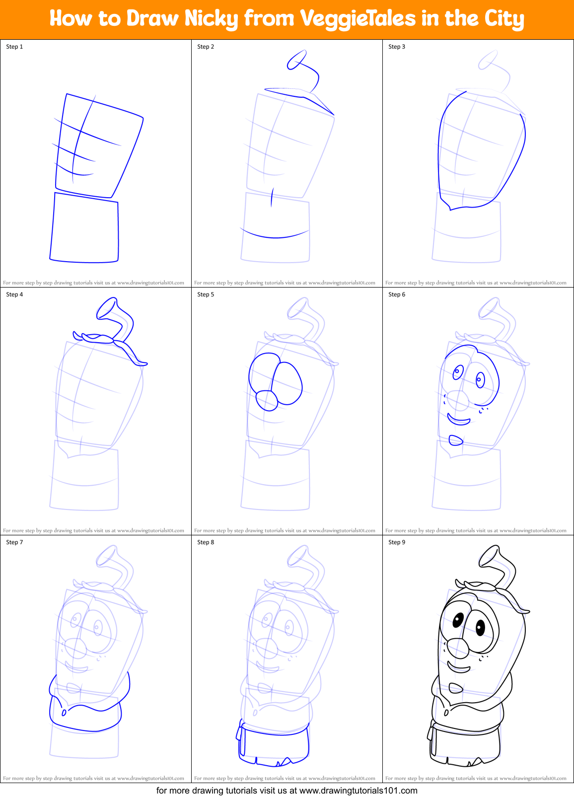 How to Draw Nicky from VeggieTales in the City Printable Step by Step
