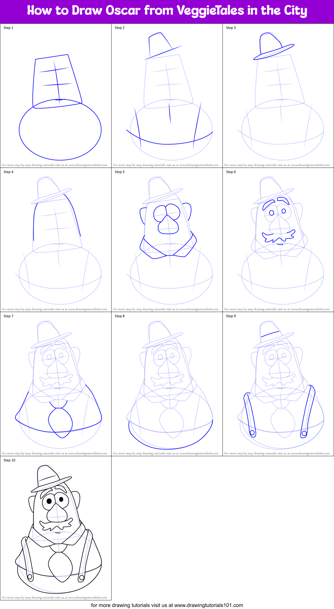 How to Draw Oscar from VeggieTales in the City Printable Step by Step