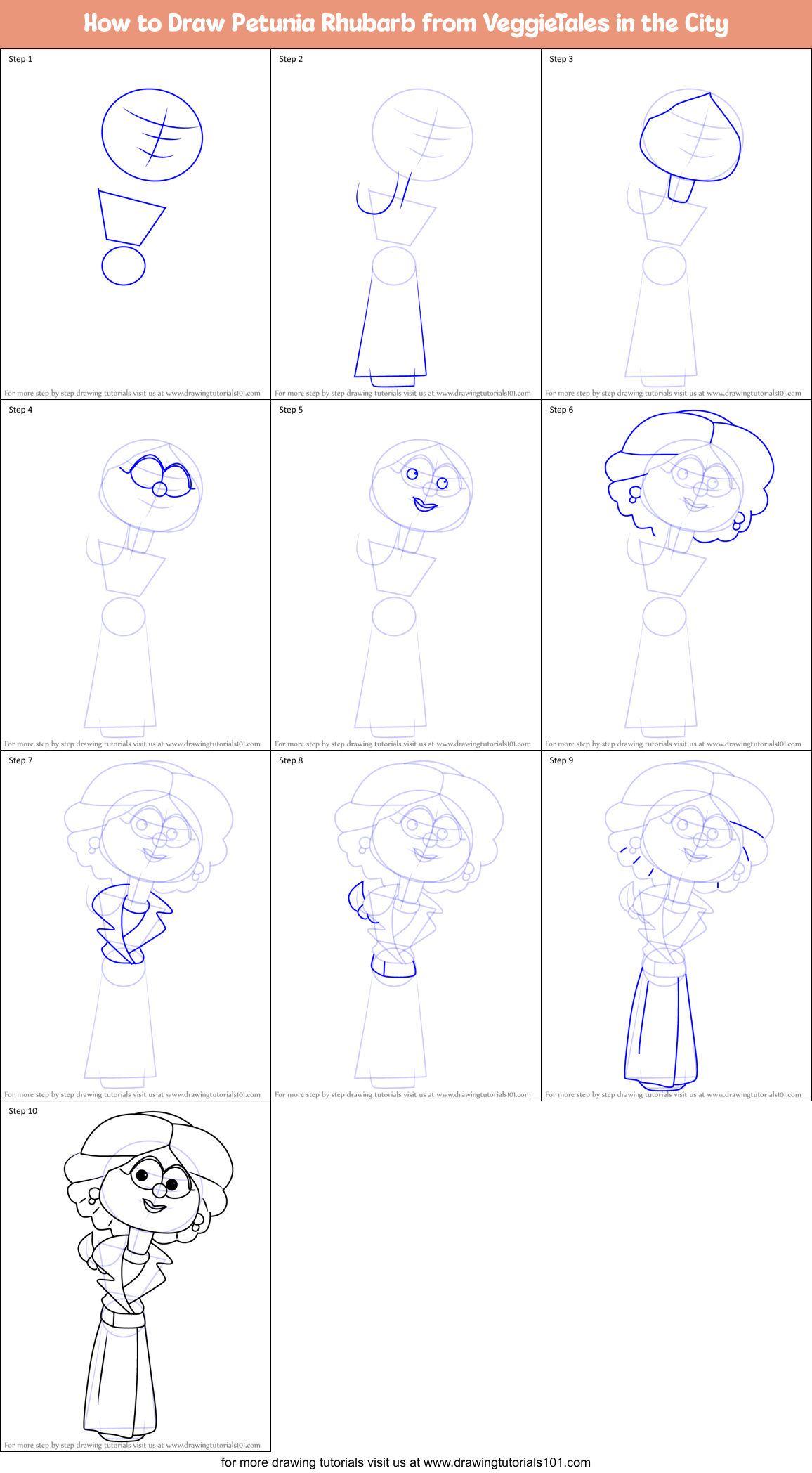 How to Draw Petunia Rhubarb from VeggieTales in the City Printable Step by Step