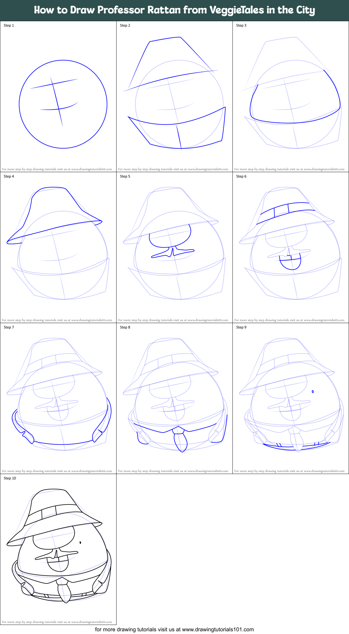 How to Draw Professor Rattan from VeggieTales in the City Printable Step by Step