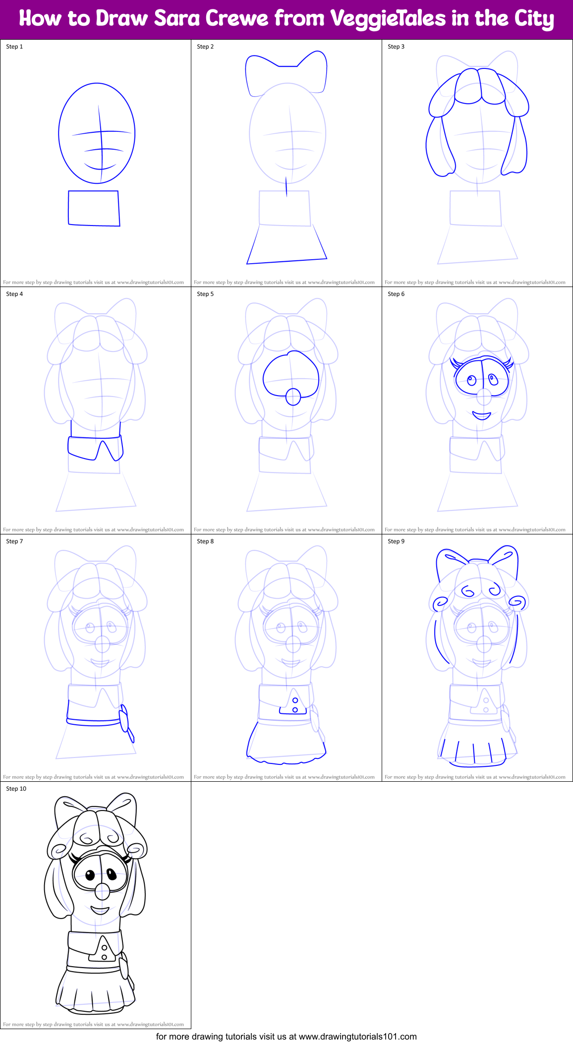 How to Draw Sara Crewe from VeggieTales in the City Printable Step by Step