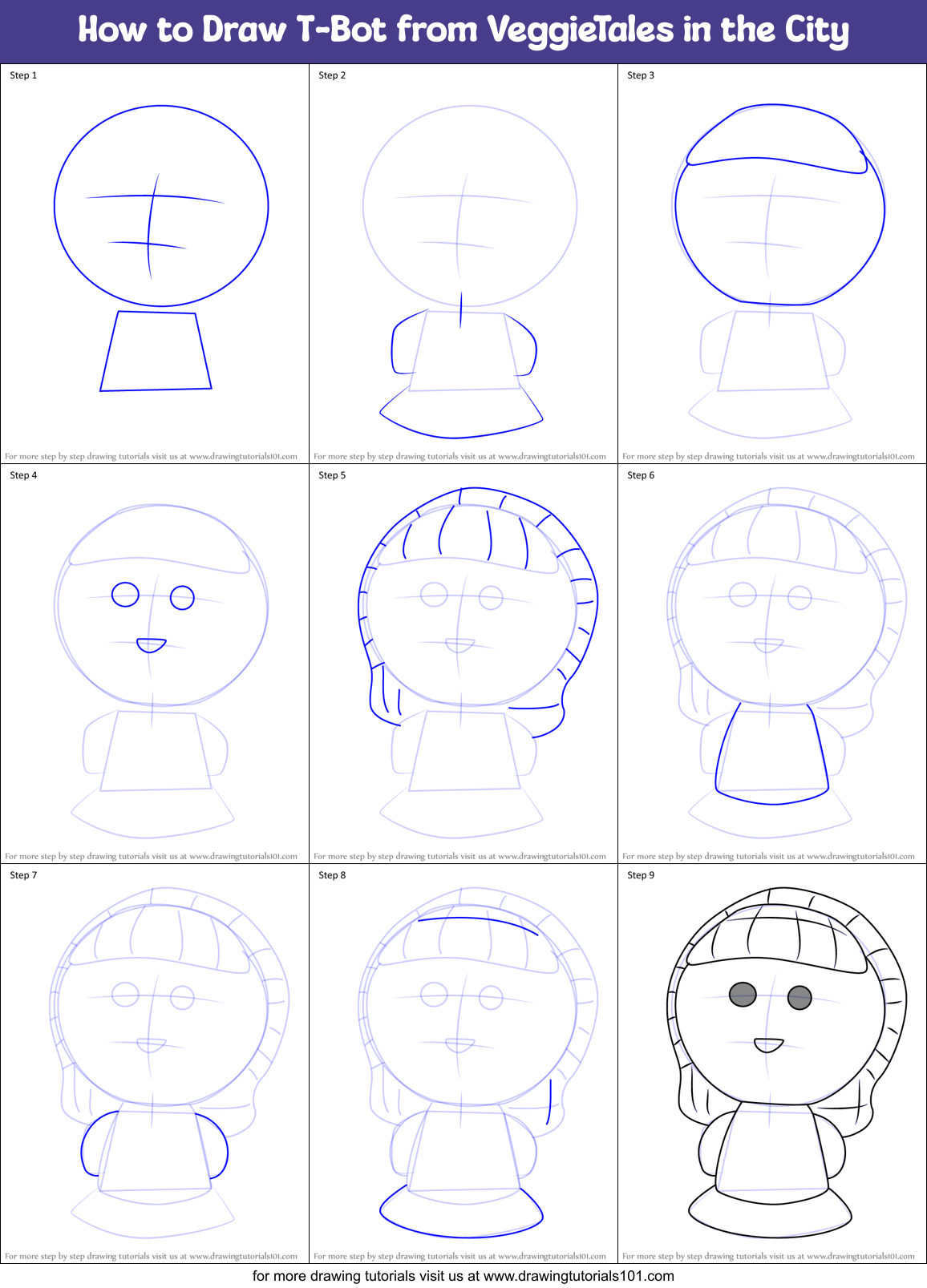How to Draw T-Bot from VeggieTales in the City Printable Step by Step