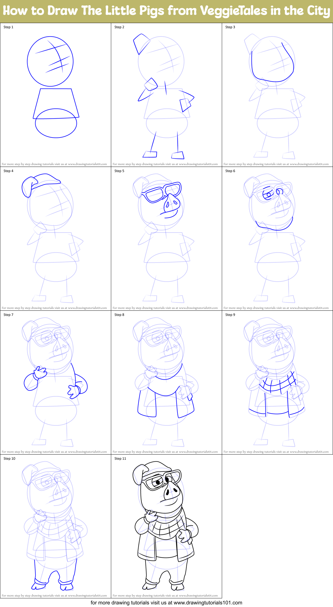 How to Draw The Little Pigs from VeggieTales in the City Printable Step by Step