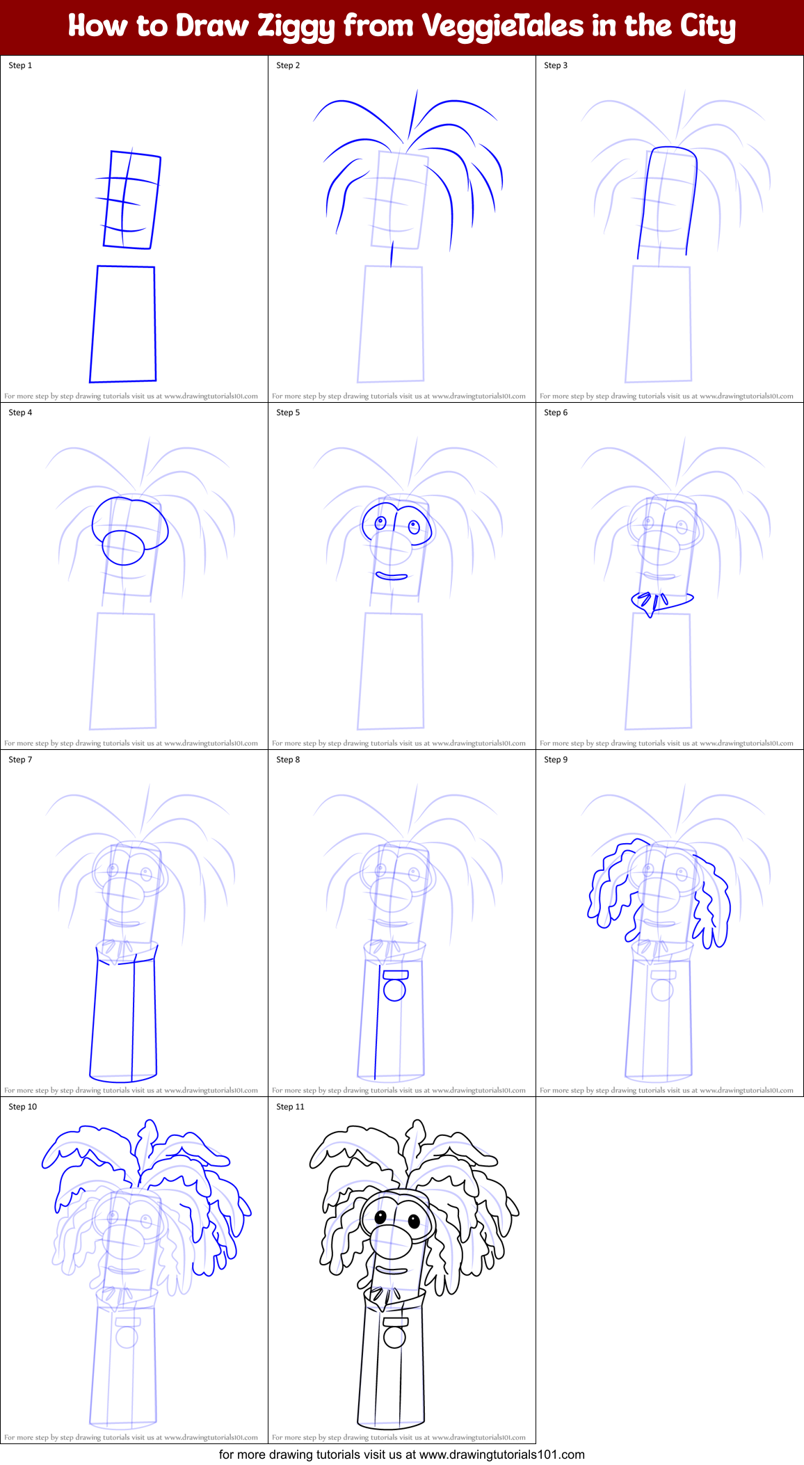 How to Draw Ziggy from VeggieTales in the City Printable Step by Step
