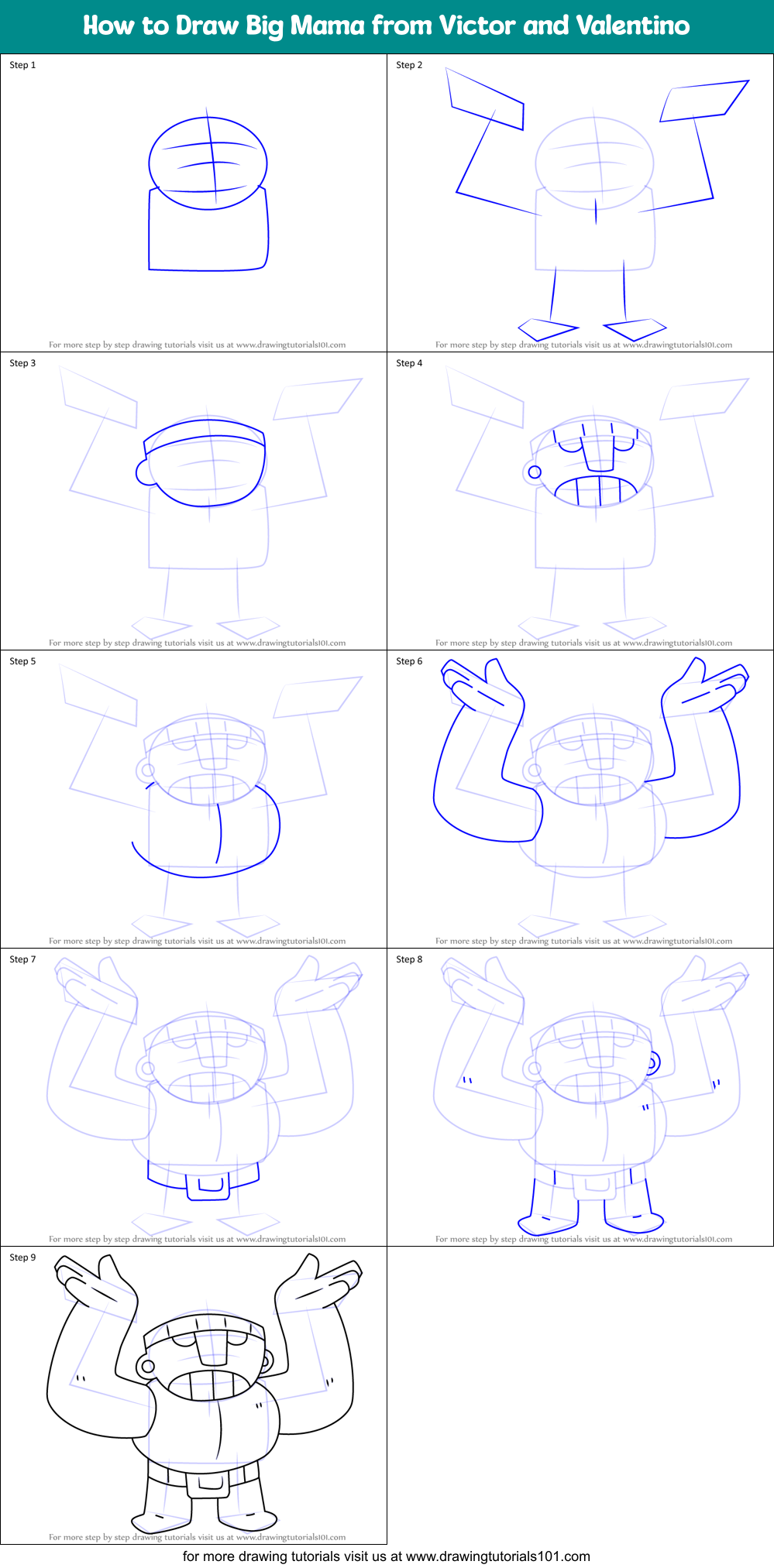 How to Draw Big Mama from Victor and Valentino Printable Step by Step