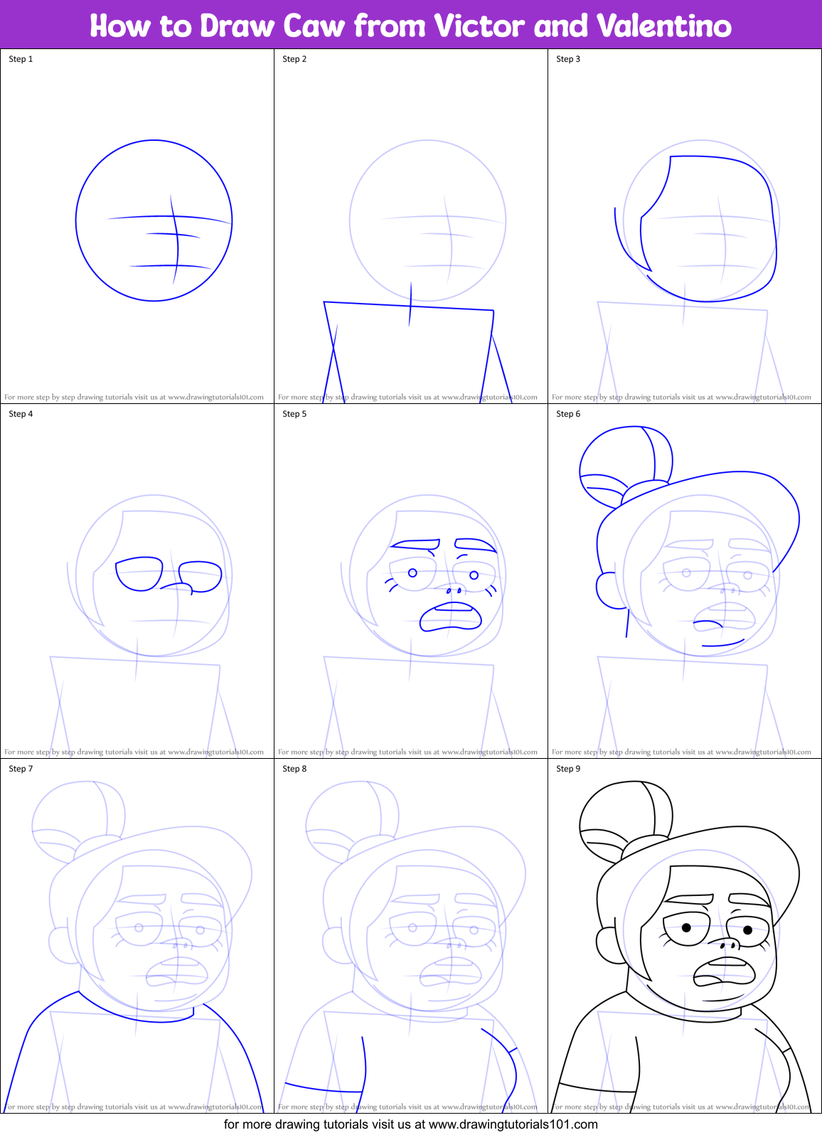 How to Draw Caw from Victor and Valentino Printable Step by Step