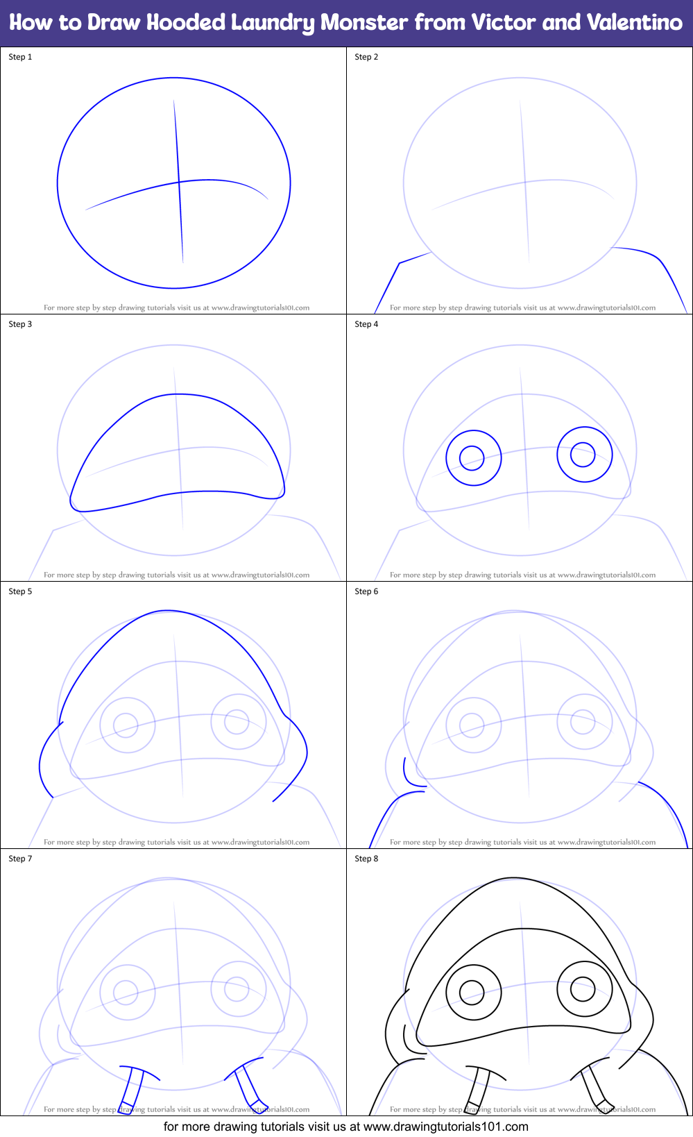 How to Draw Hooded Laundry Monster from Victor and Valentino Printable Step by Step