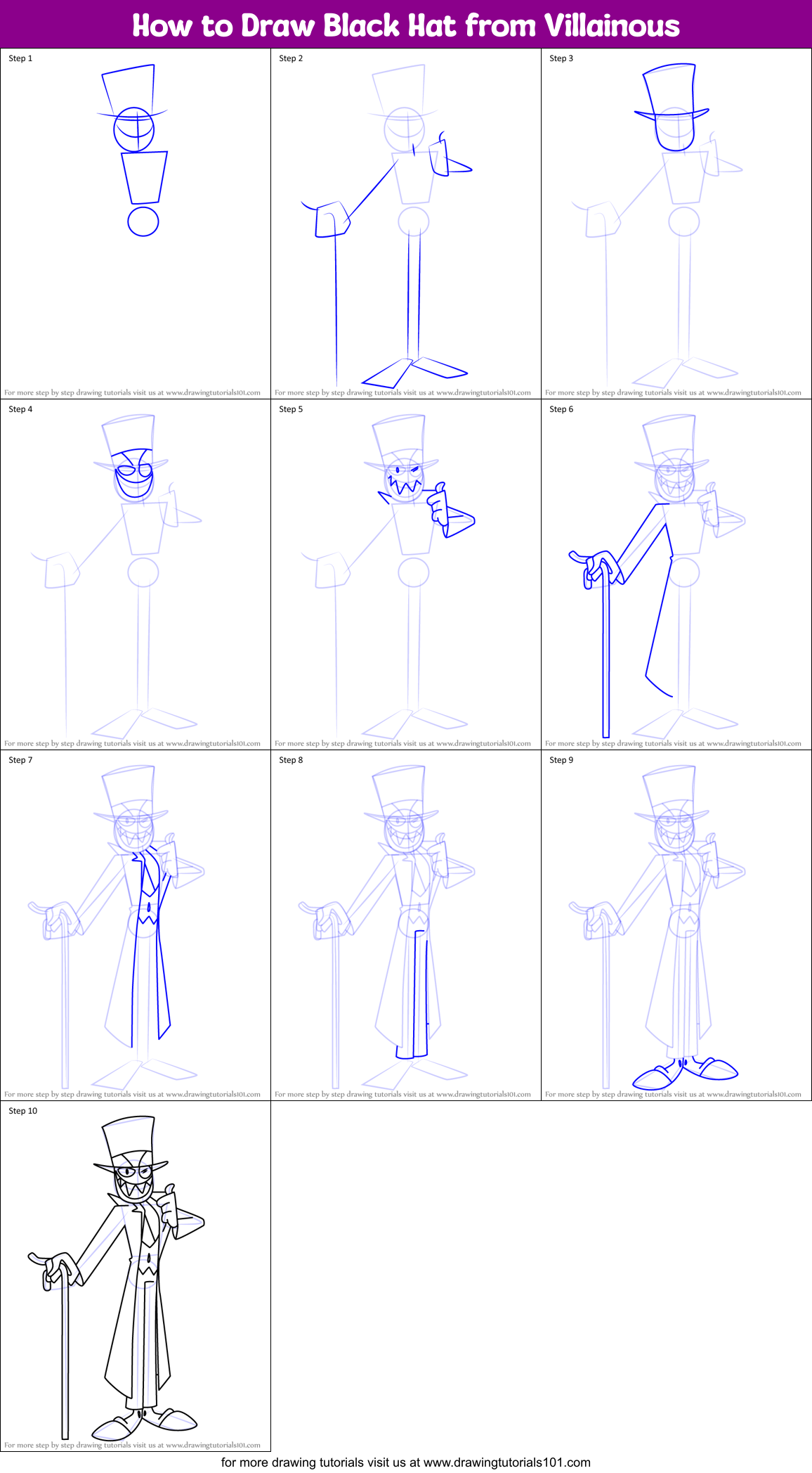 How to Draw Black Hat from Villainous Printable Step by Step
