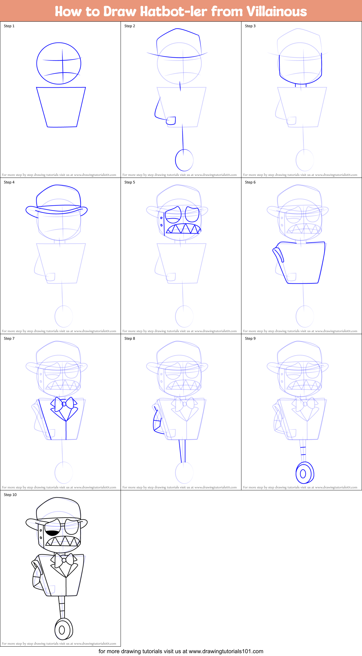 How to Draw Hatbot-ler from Villainous Printable Step by Step