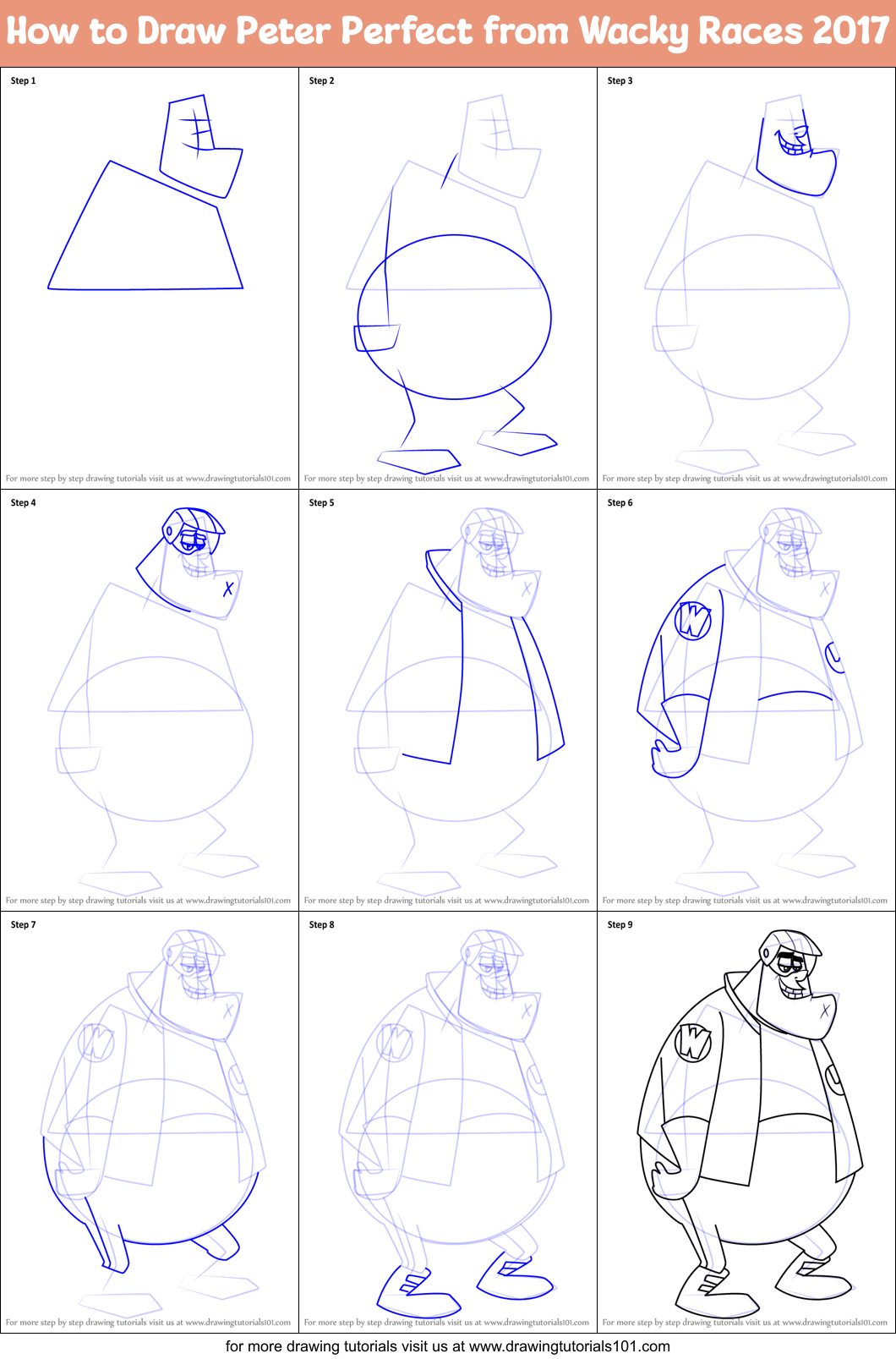 How to Draw Peter Perfect from Wacky Races 2017 Printable Step by Step