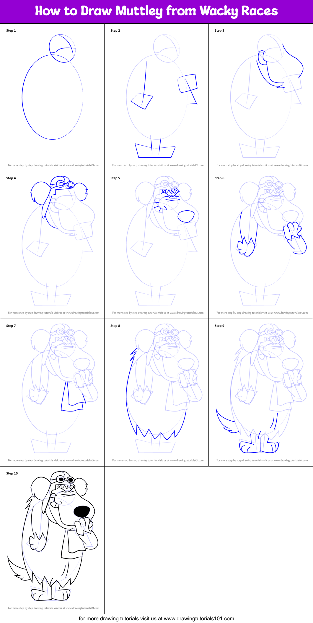 How to Draw Muttley from Wacky Races Printable Step by Step