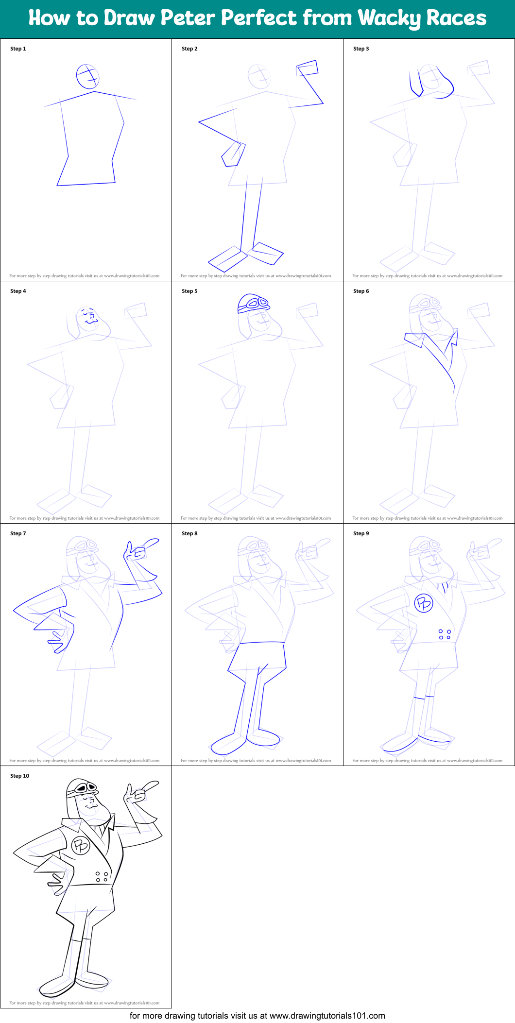 How to Draw Peter Perfect from Wacky Races Printable Step by Step