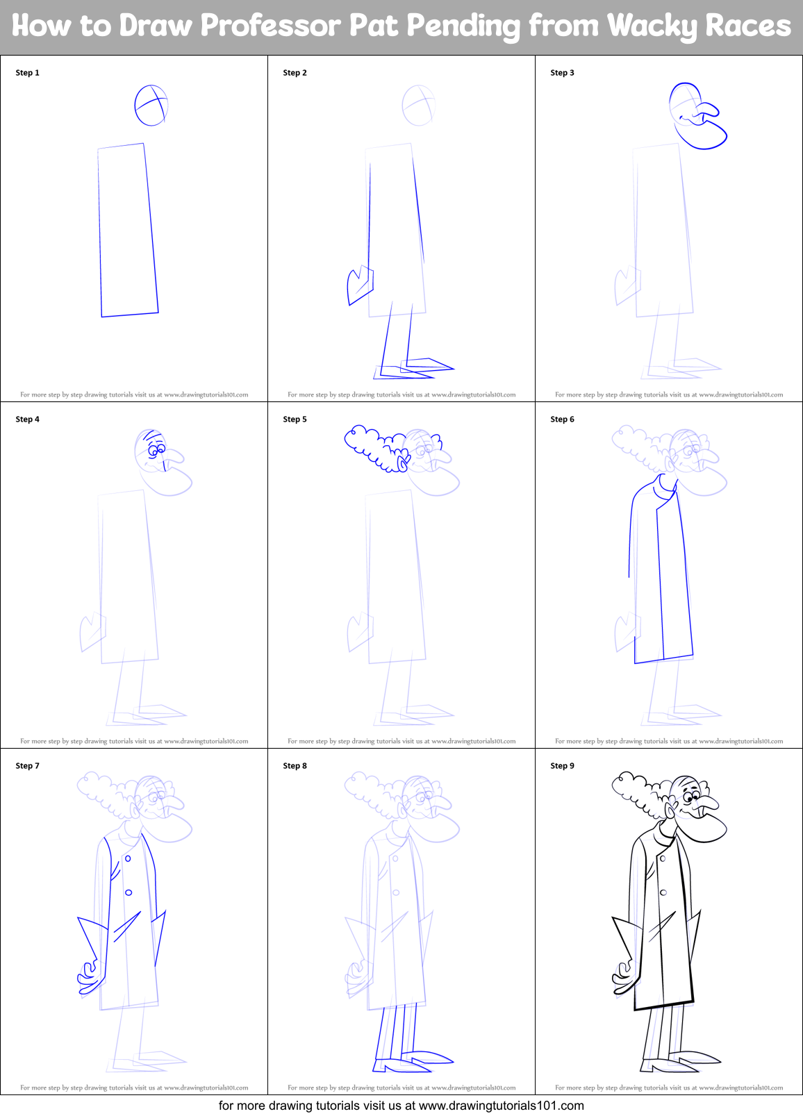 How to Draw Professor Pat Pending from Wacky Races Printable Step by Step