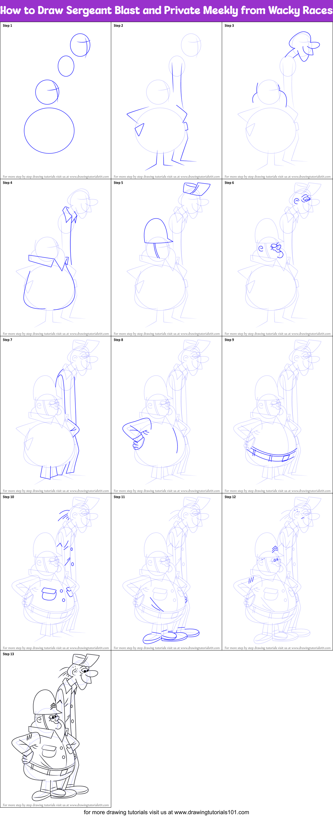How to Draw Sergeant Blast and Private Meekly from Wacky Races Printable Step by Step