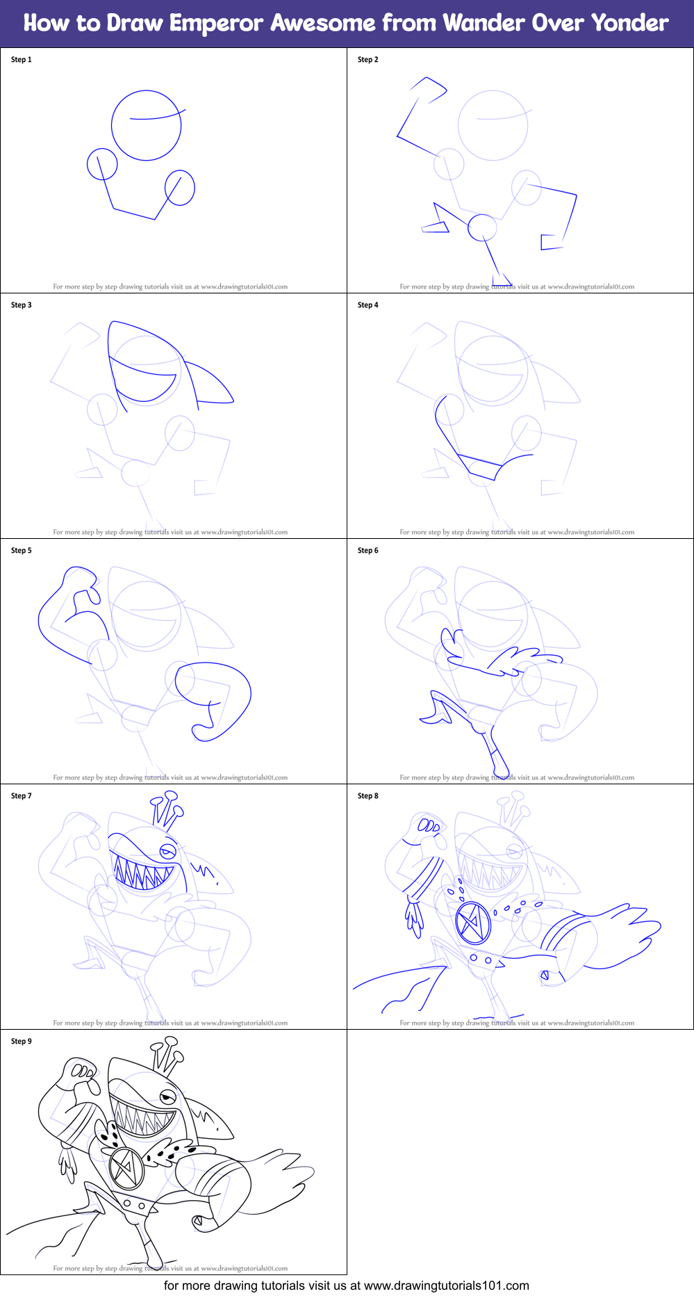 How to Draw Emperor Awesome from Wander Over Yonder Printable Step by Step