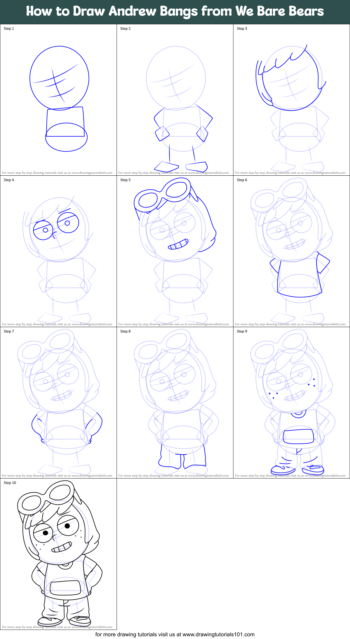 How to Draw Andrew Bangs from We Bare Bears Printable Step by Step