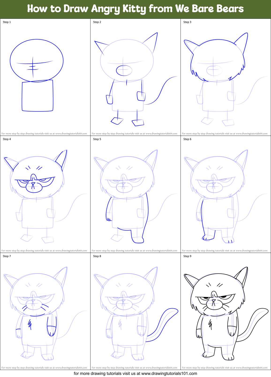 How to Draw Angry Kitty from We Bare Bears Printable Step by Step