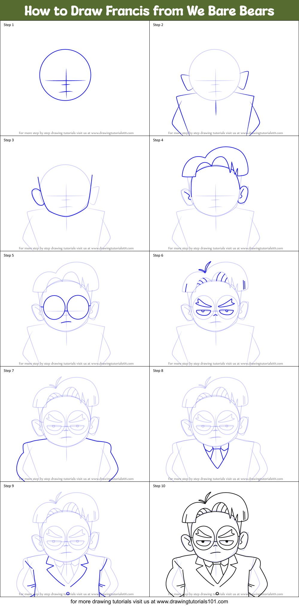 How to Draw Francis from We Bare Bears Printable Step by Step