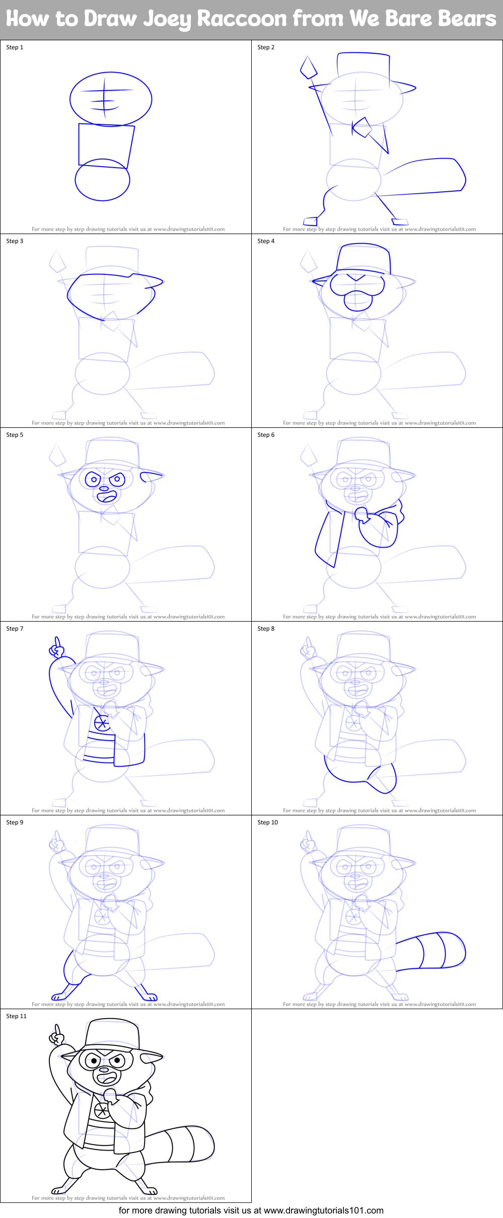How to Draw Joey Raccoon from We Bare Bears Printable Step by Step