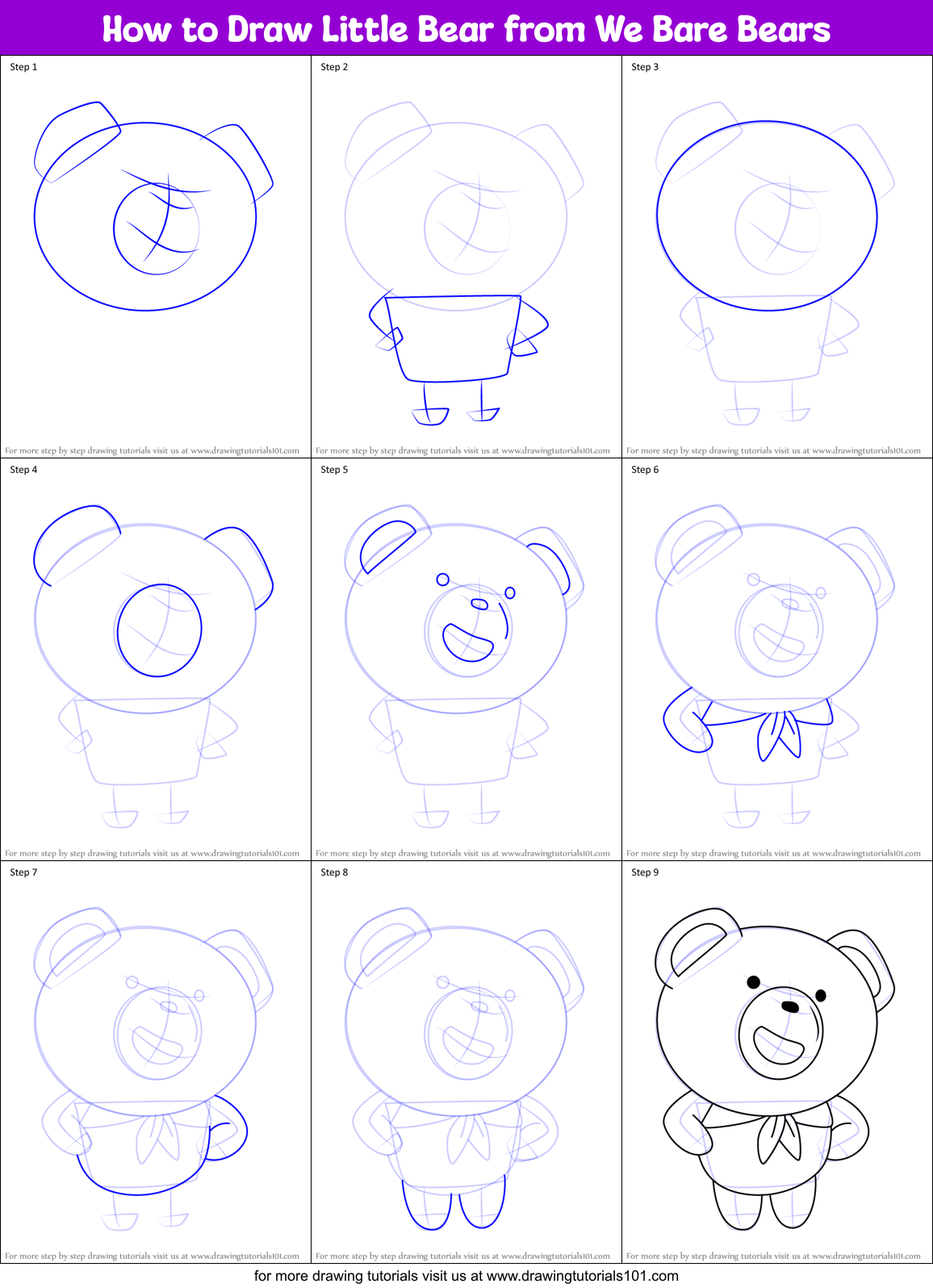 How to Draw Little Bear from We Bare Bears Printable Step by Step