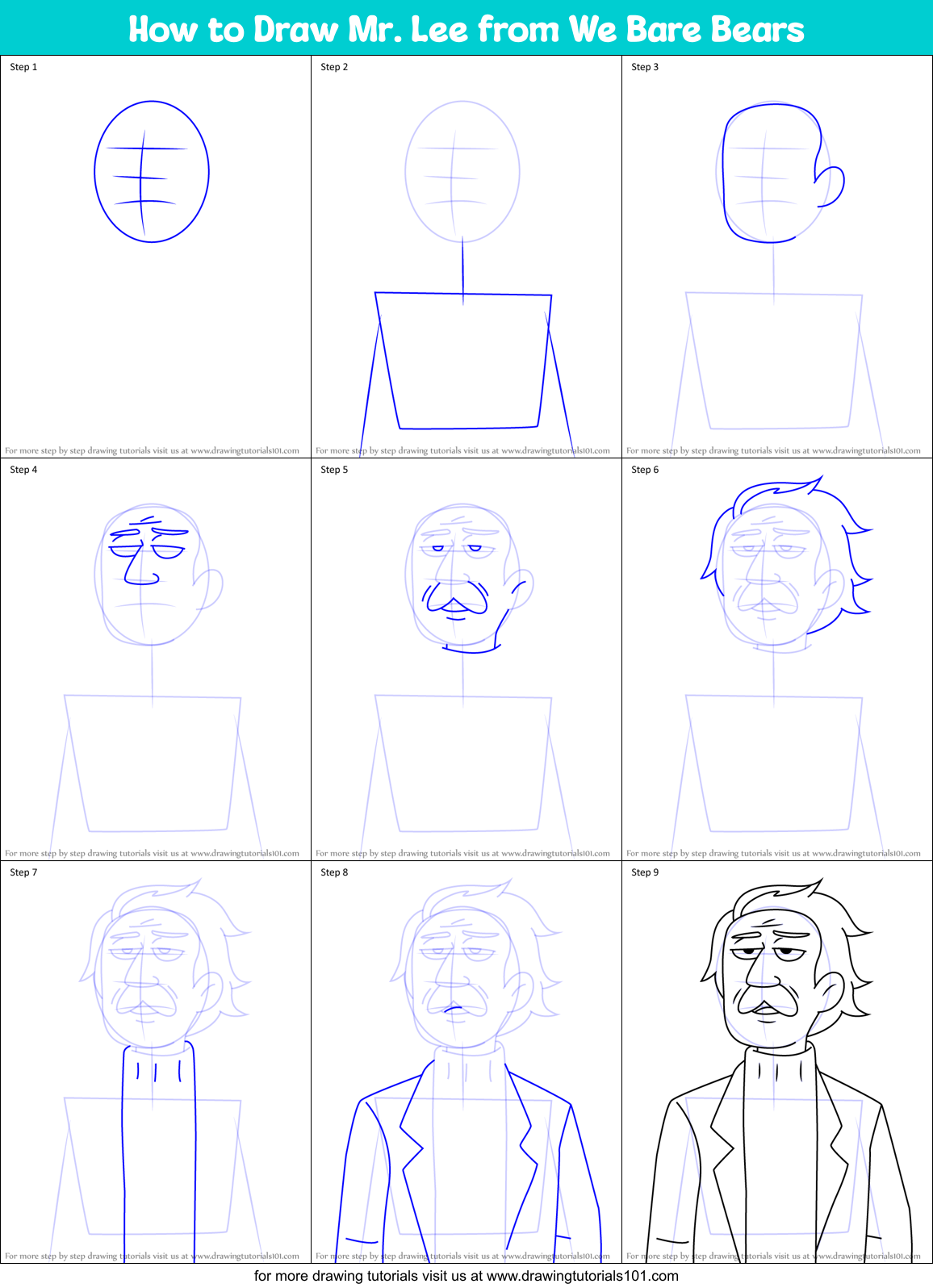 How to Draw Mr. Lee from We Bare Bears Printable Step by Step
