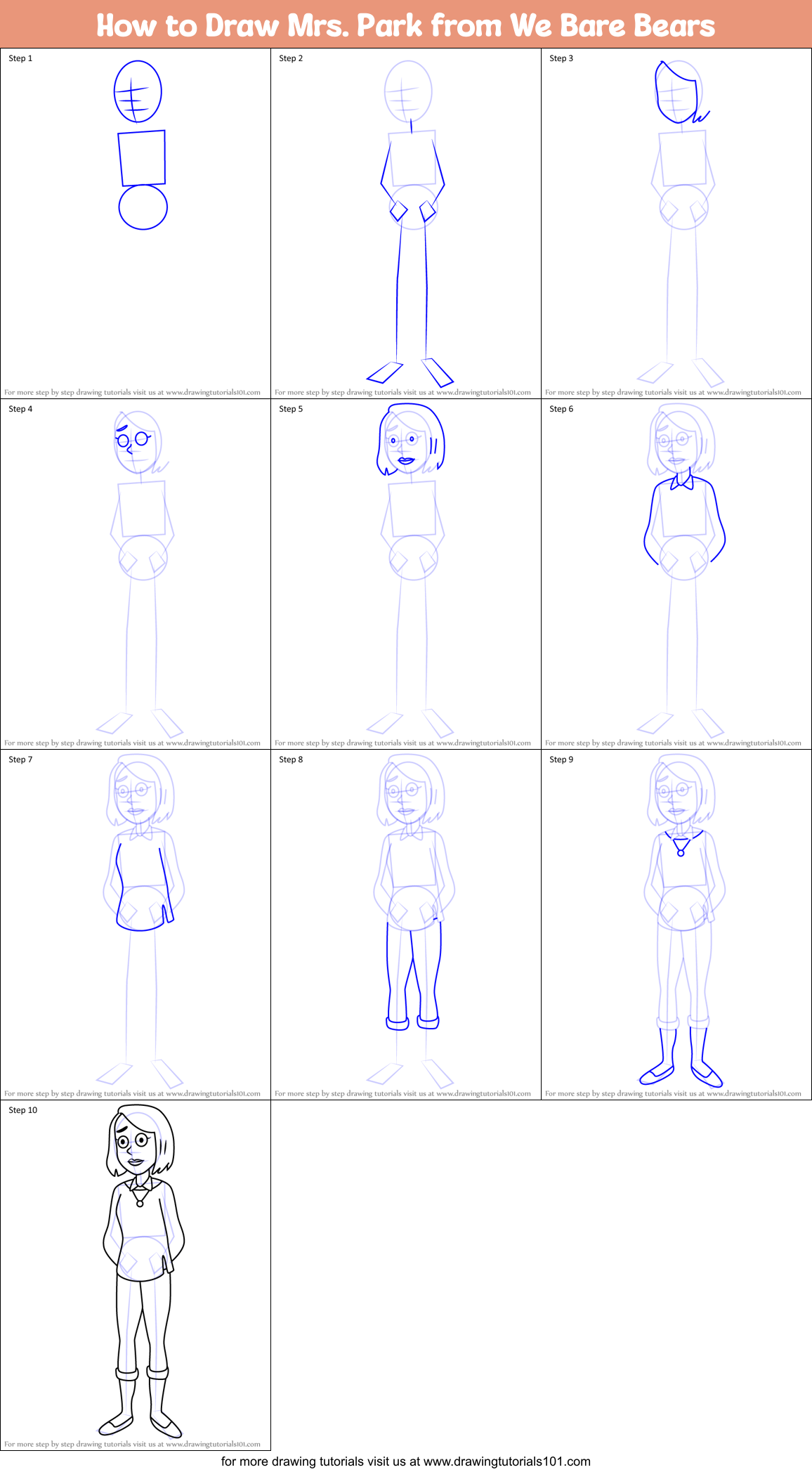How to Draw Mrs. Park from We Bare Bears Printable Step by Step