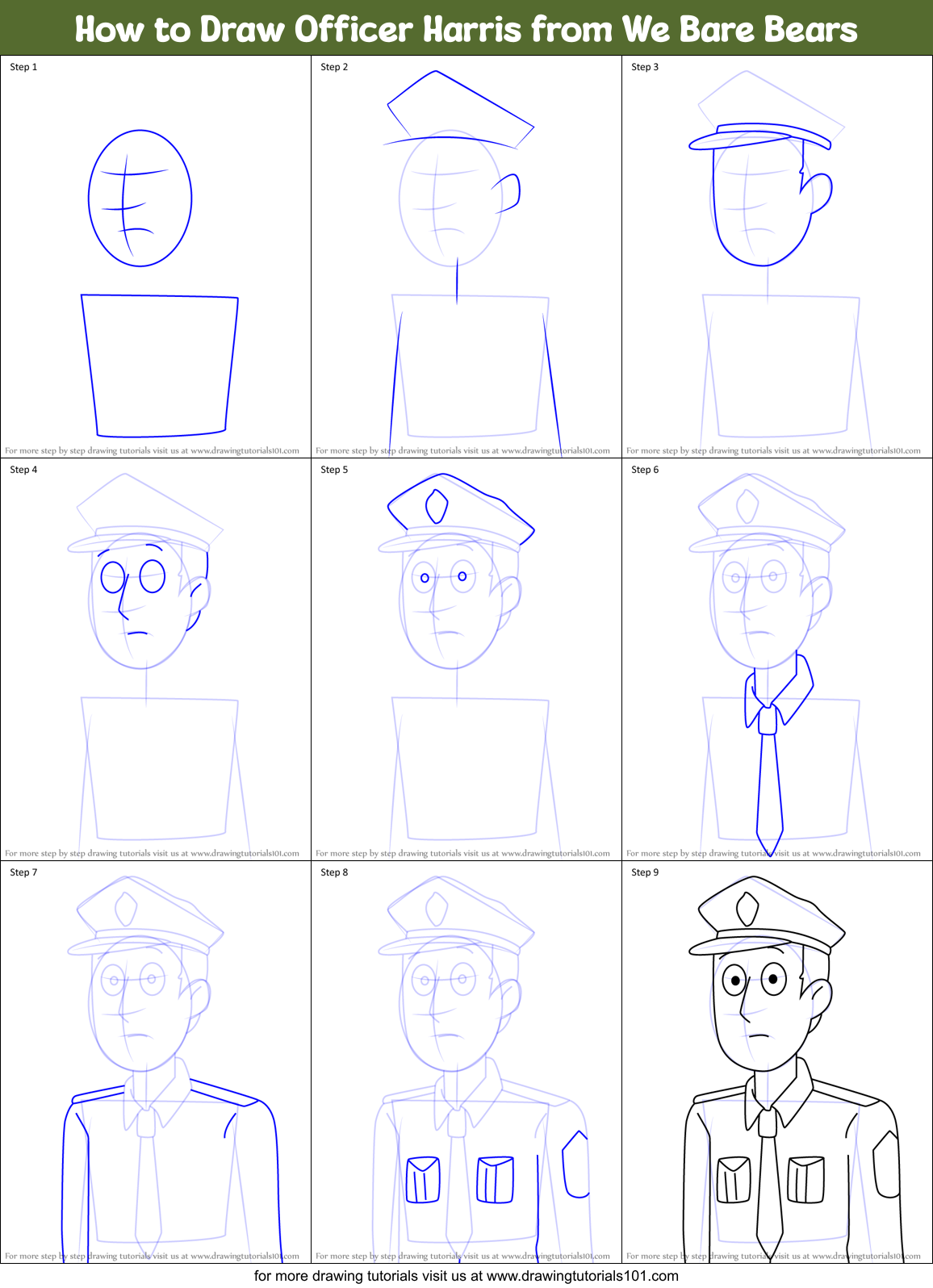 How to Draw Officer Harris from We Bare Bears Printable Step by Step