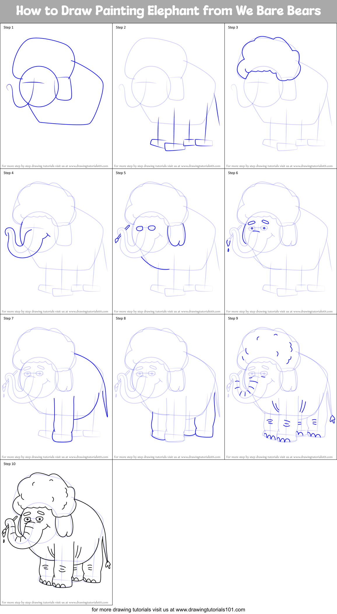 How to Draw Painting Elephant from We Bare Bears Printable Step by Step