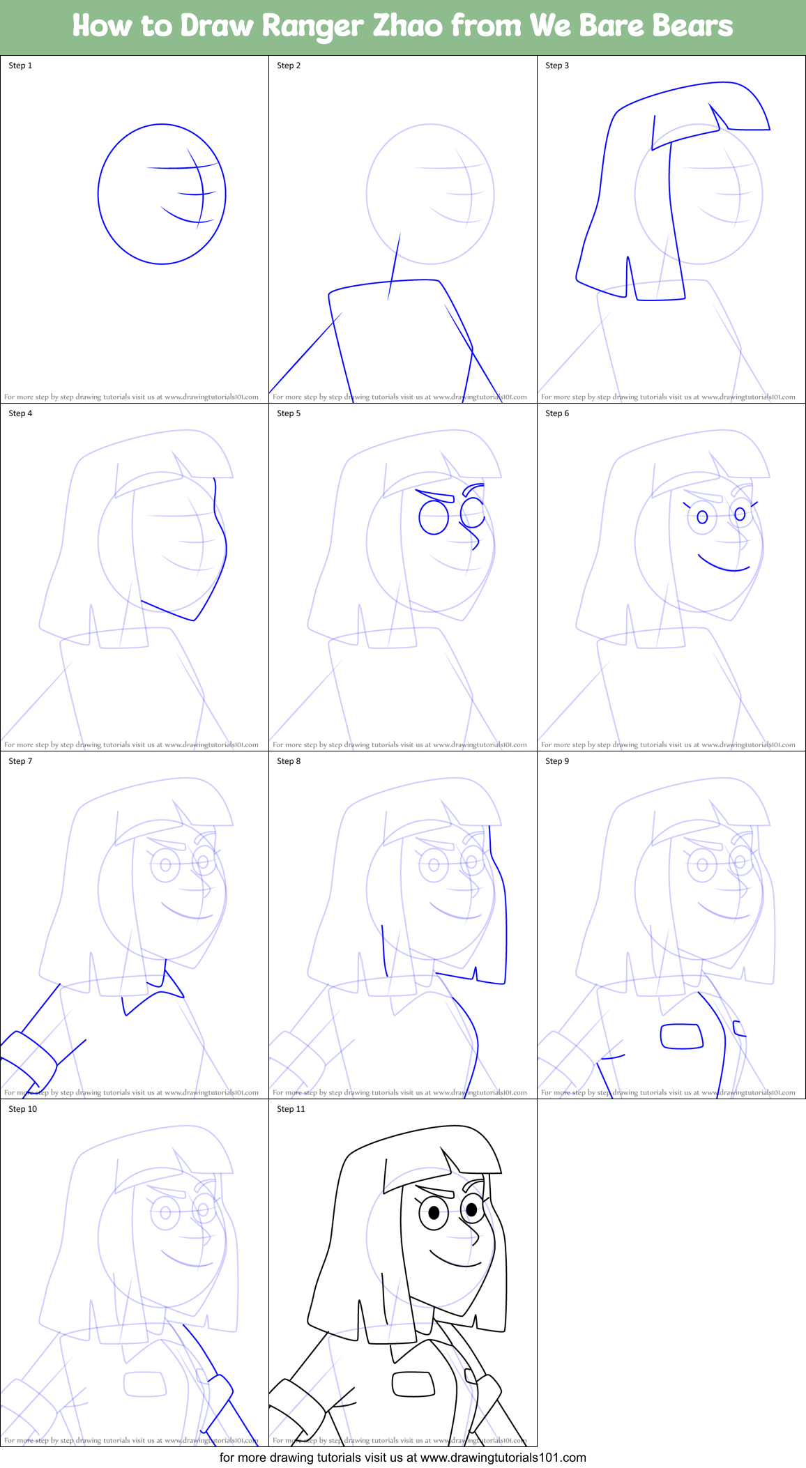 How to Draw Ranger Zhao from We Bare Bears Printable Step by Step