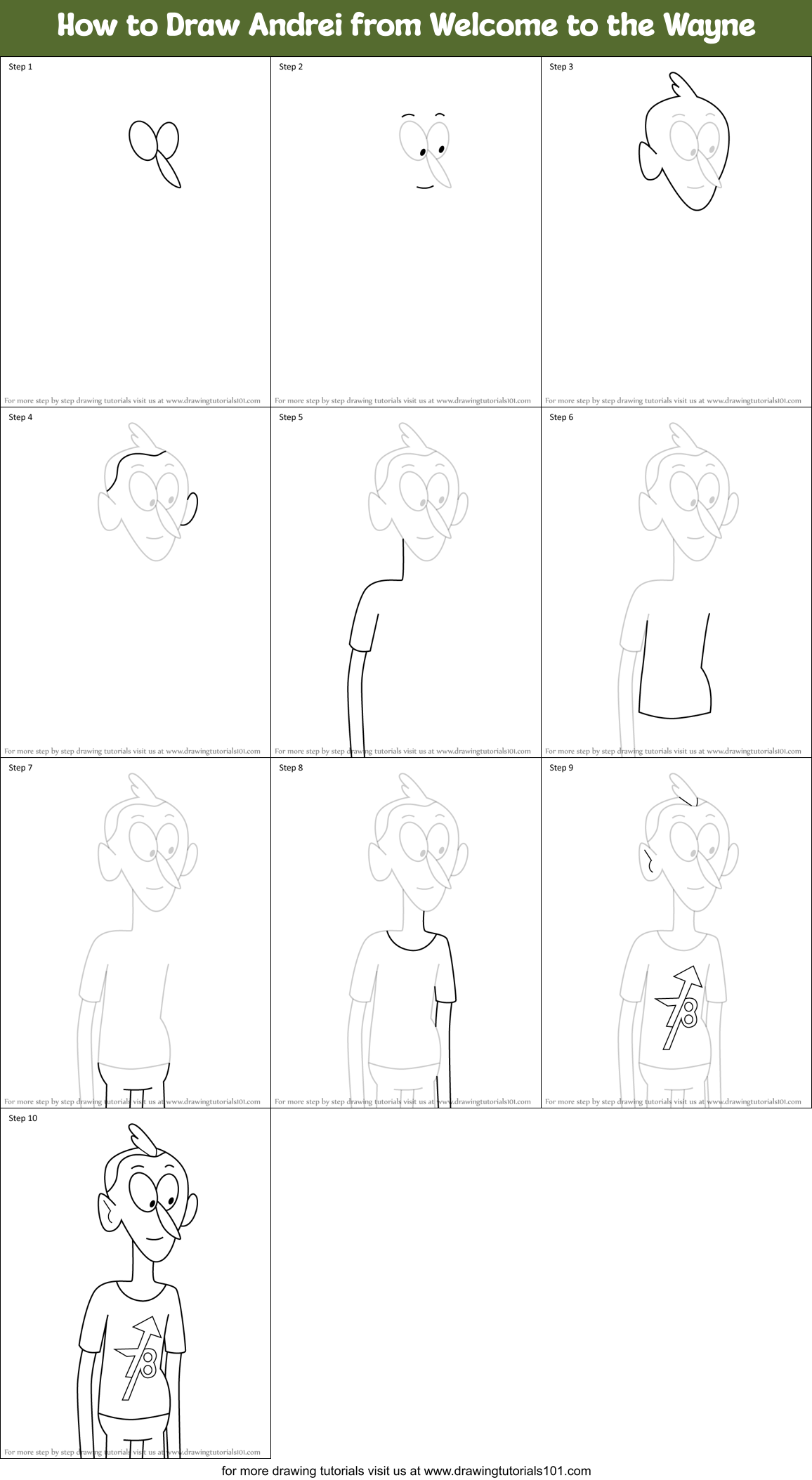 How to Draw Andrei from Welcome to the Wayne Printable Step by Step