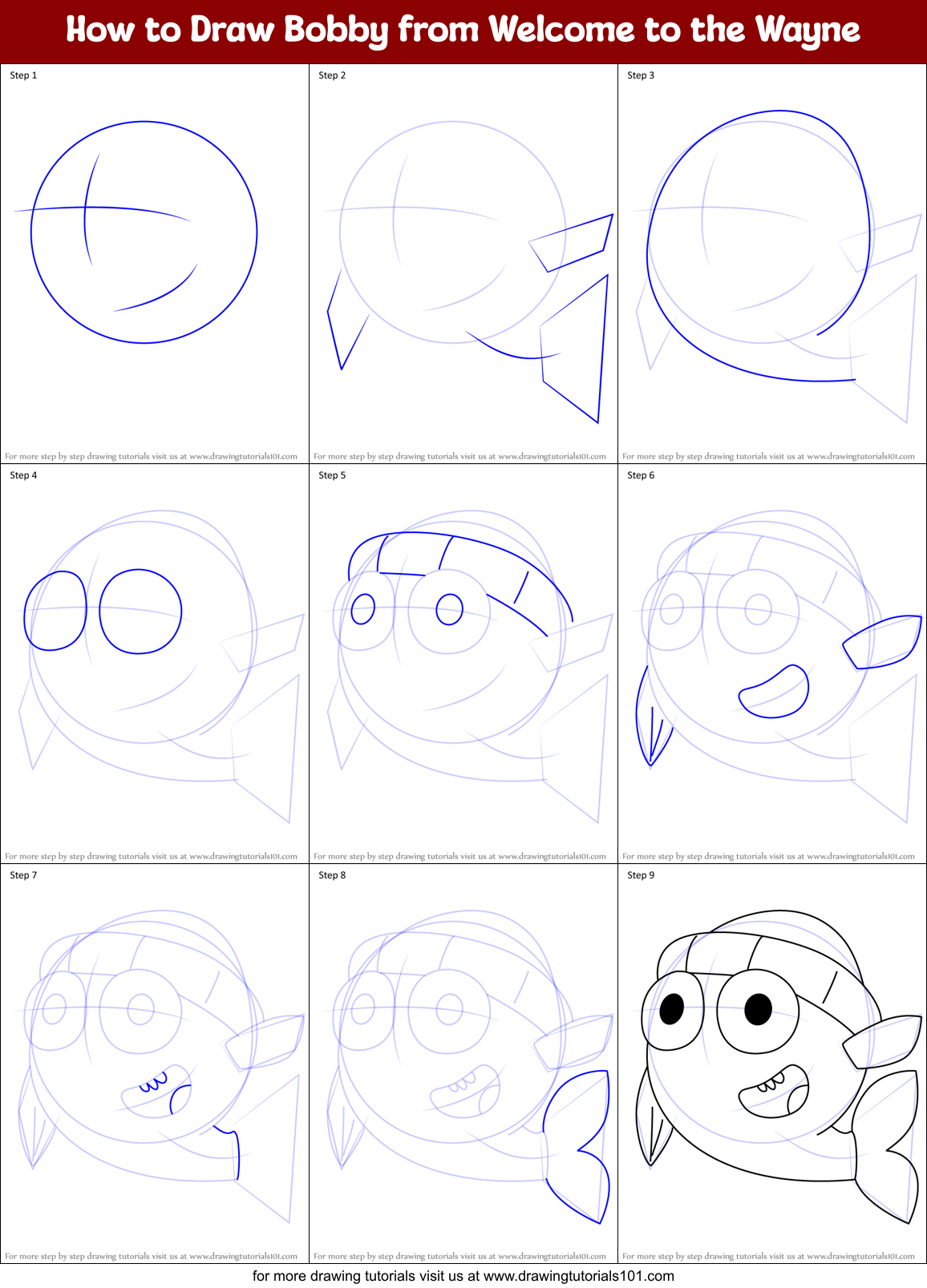 How to Draw Bobby from Welcome to the Wayne Printable Step by Step