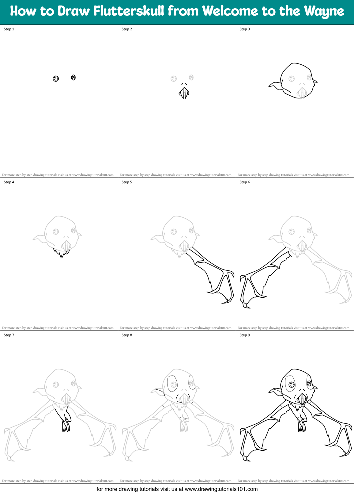 How to Draw Flutterskull from Welcome to the Wayne Printable Step by Step