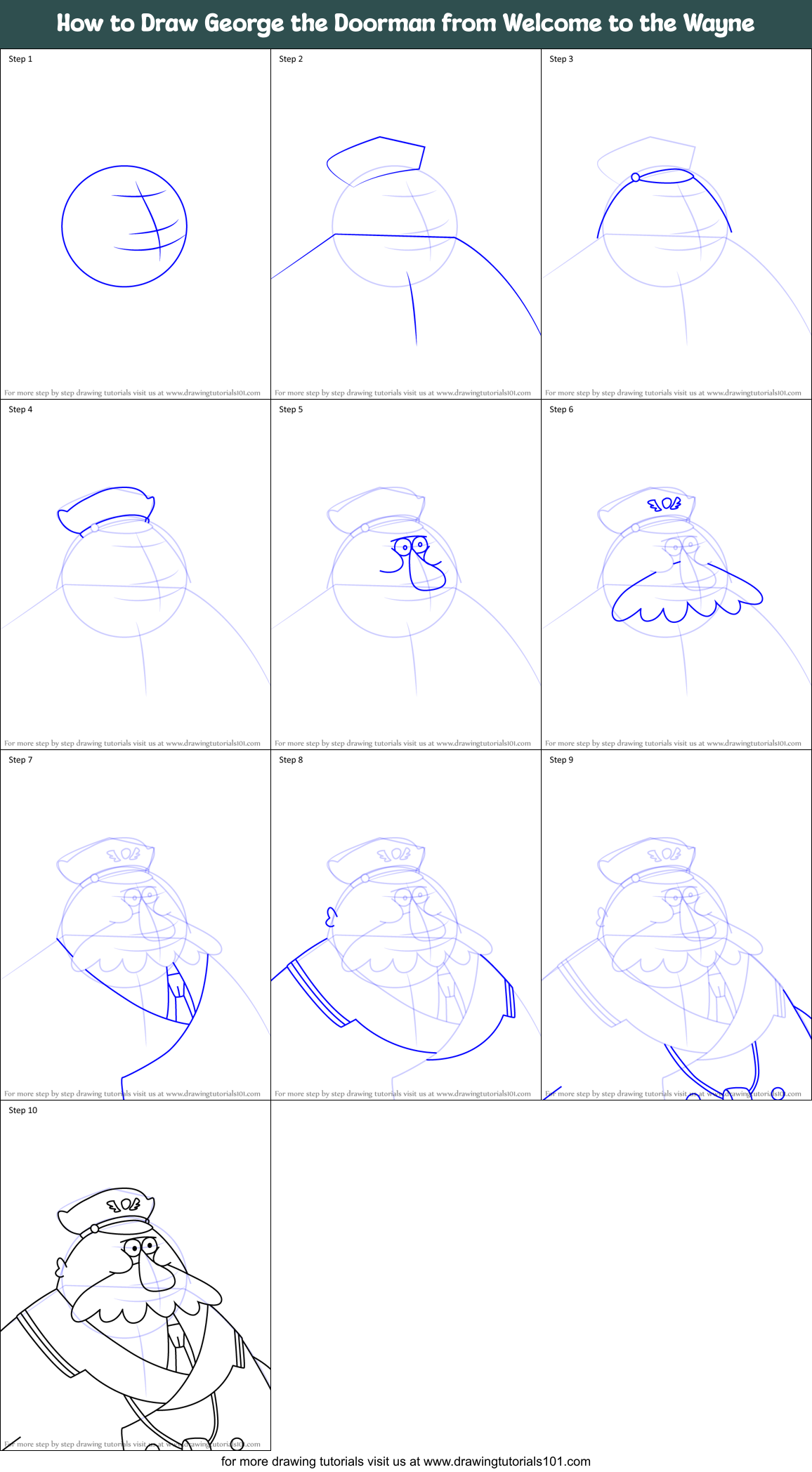 How to Draw George the Doorman from Welcome to the Wayne Printable Step by Step