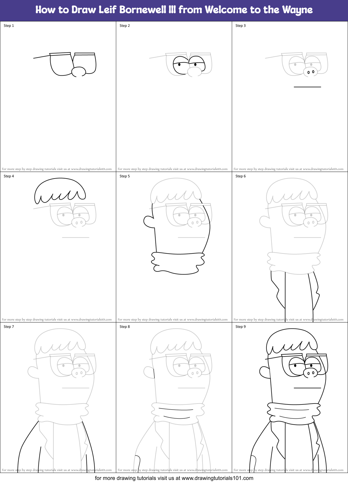 How to Draw Leif Bornewell lll from Welcome to the Wayne Printable Step by Step