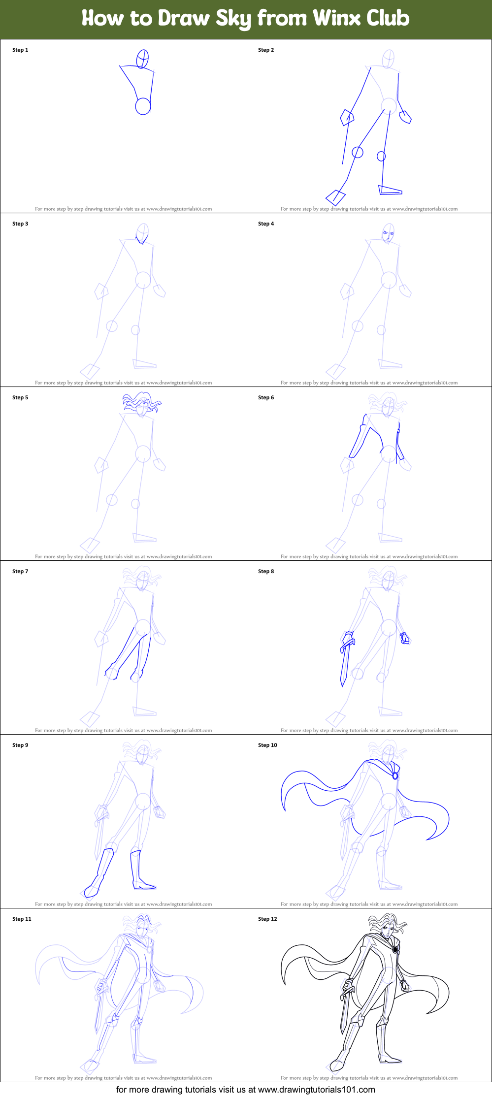 How to Draw Sky from Winx Club Printable Step by Step