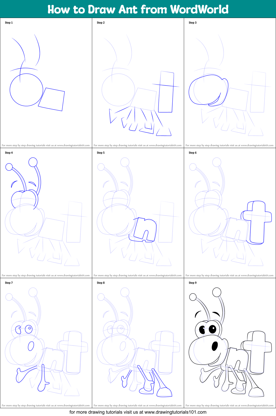 How to Draw Ant from WordWorld Printable Step by Step