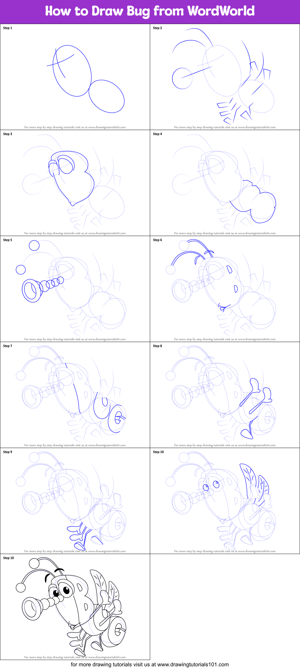 How to Draw Bug from WordWorld Printable Step by Step