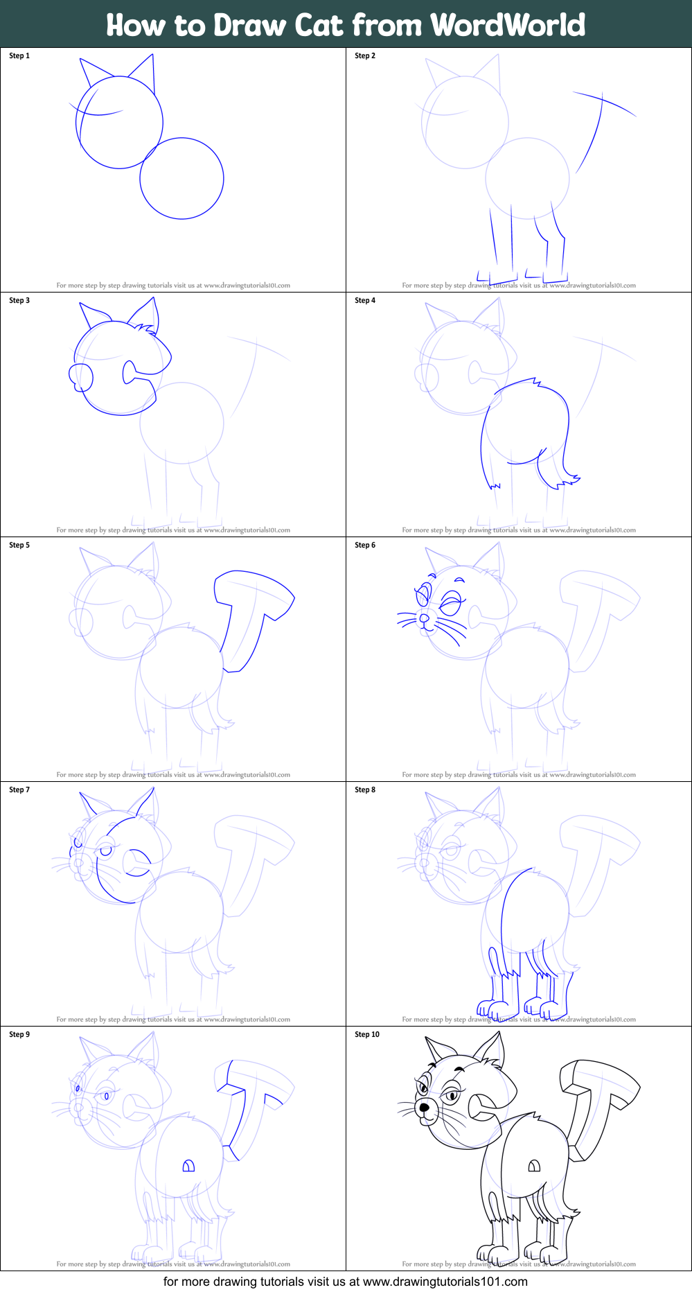 How to Draw Cat from WordWorld Printable Step by Step