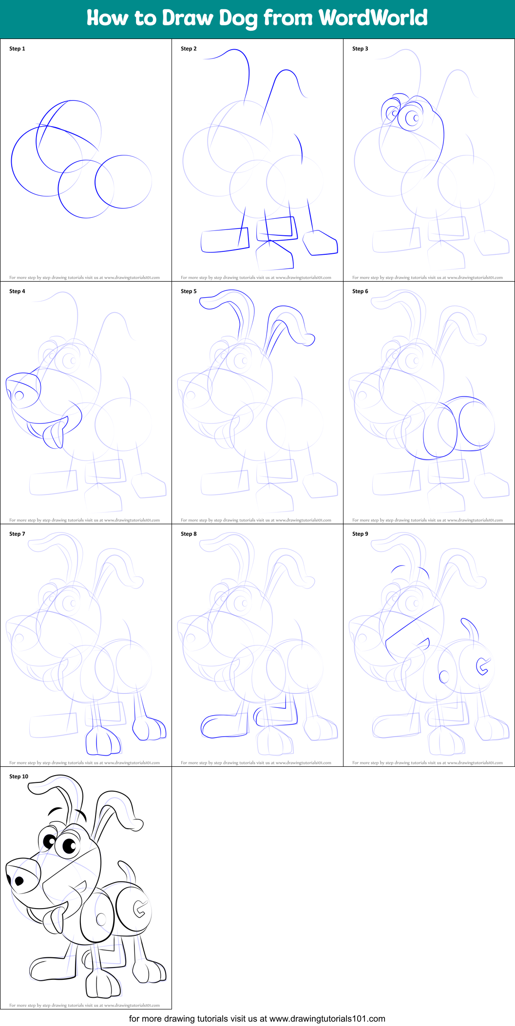 How to Draw Dog from WordWorld Printable Step by Step