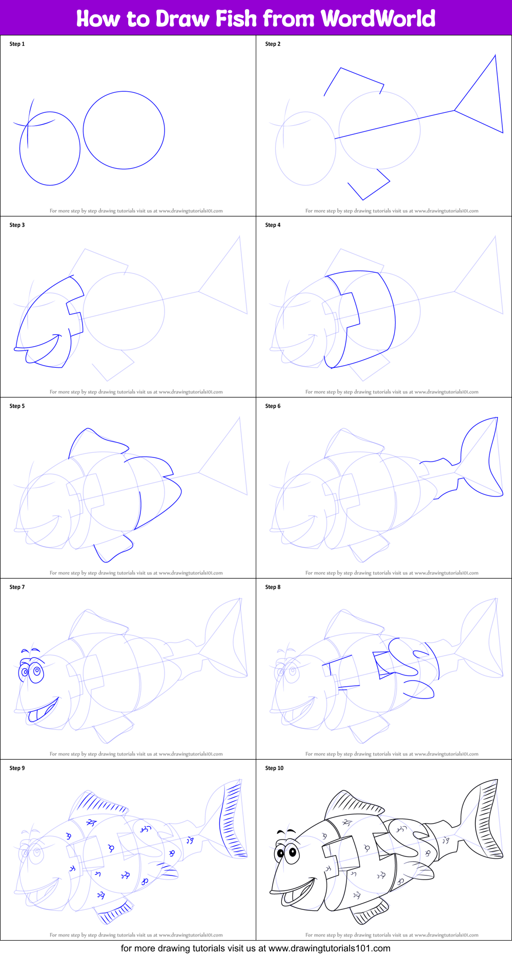 How to Draw Fish from WordWorld Printable Step by Step