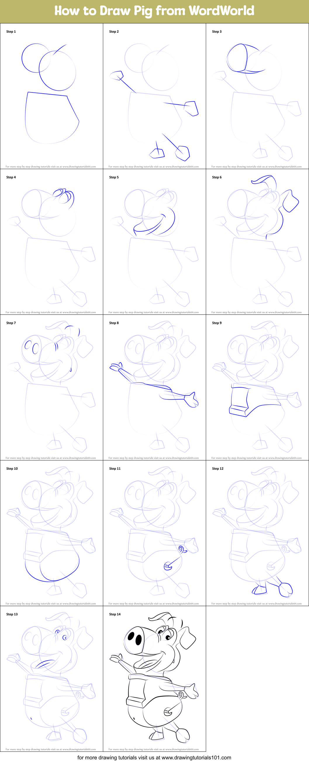 How to Draw Pig from WordWorld Printable Step by Step