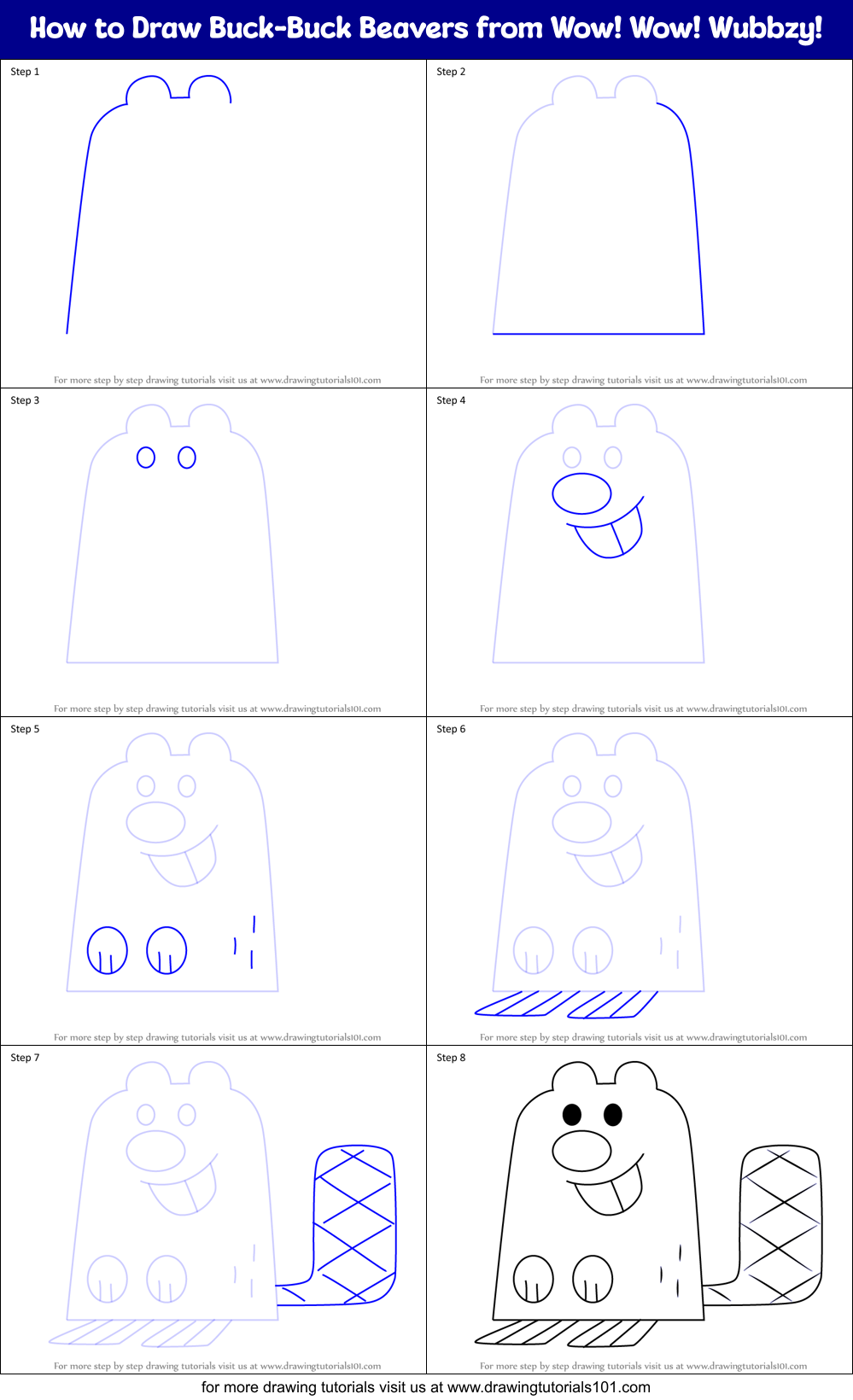 How to Draw Buck-Buck Beavers from Wow! Wow! Wubbzy! Printable Step by Step