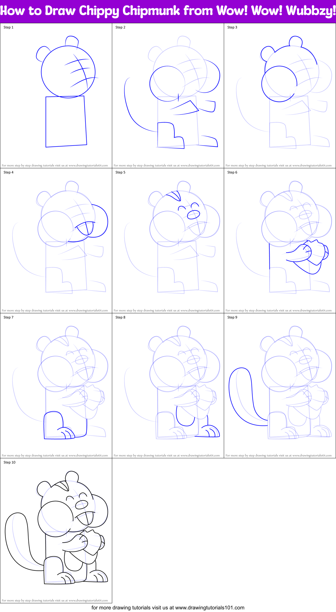 How to Draw Chippy Chipmunk from Wow! Wow! Wubbzy! Printable Step by Step