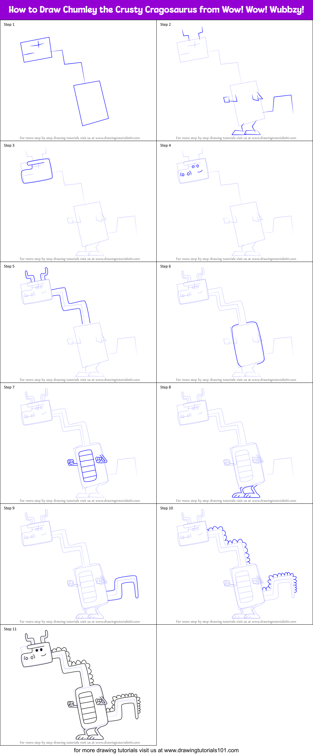 How to Draw Chumley the Crusty Cragosaurus from Wow! Wow! Wubbzy! Printable Step by Step