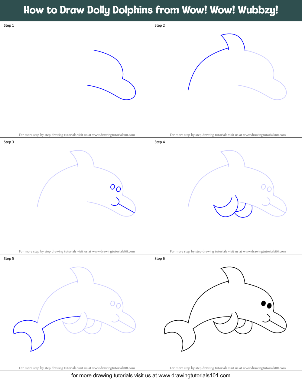 How to Draw Dolly Dolphins from Wow! Wow! Wubbzy! Printable Step by Step