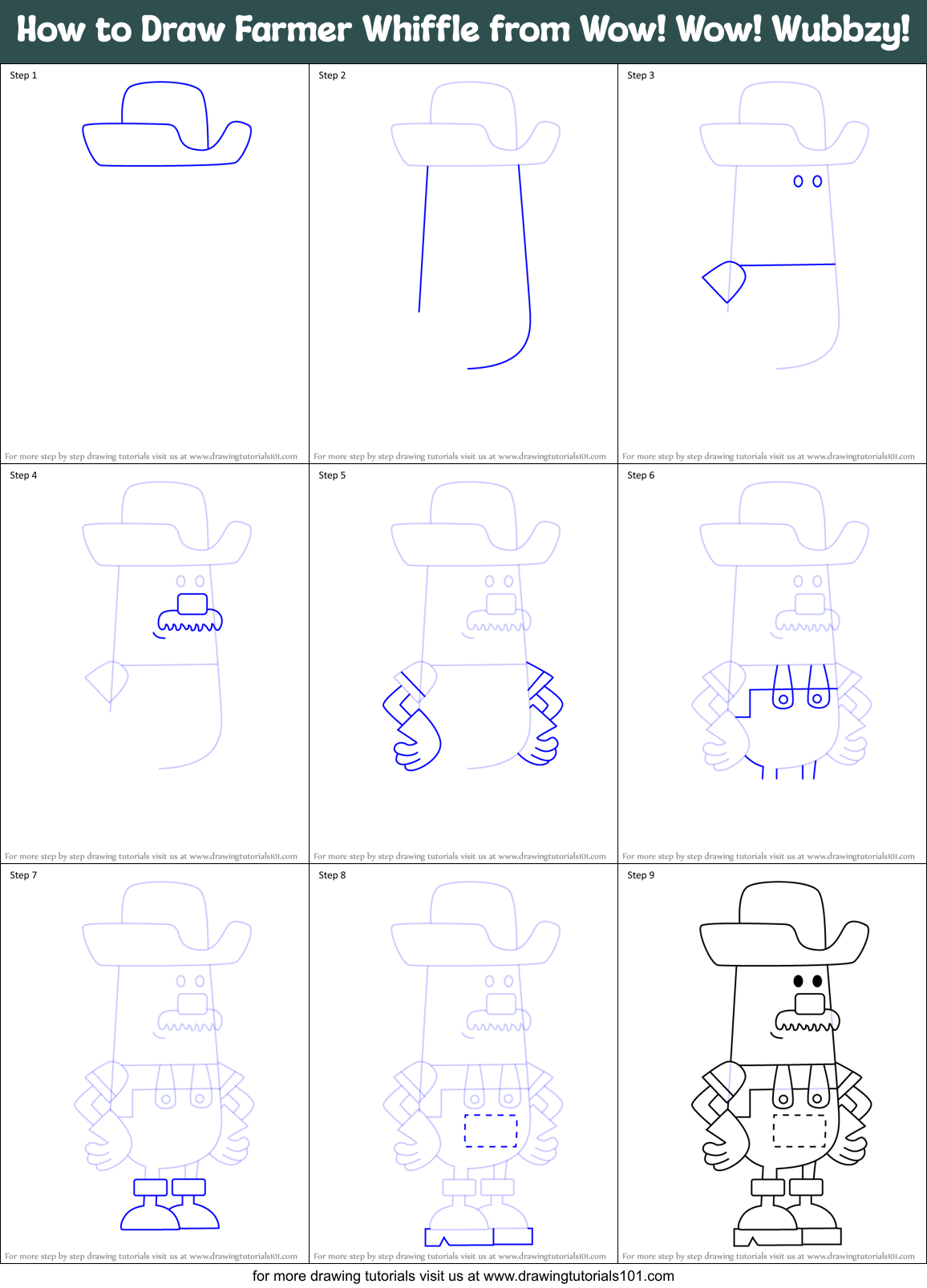 How to Draw Farmer Whiffle from Wow! Wow! Wubbzy! Printable Step by Step