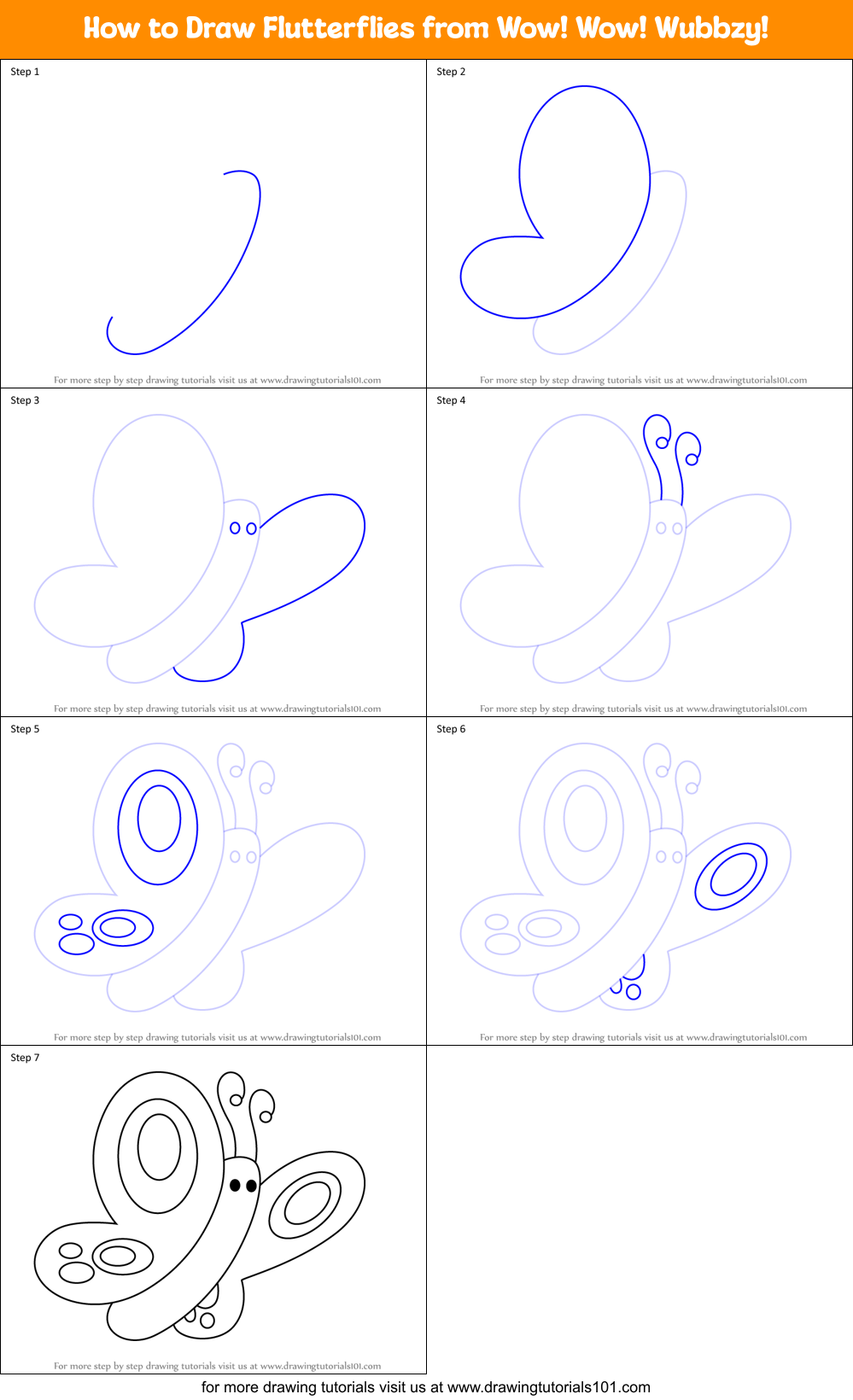 How to Draw Flutterflies from Wow! Wow! Wubbzy! Printable Step by Step