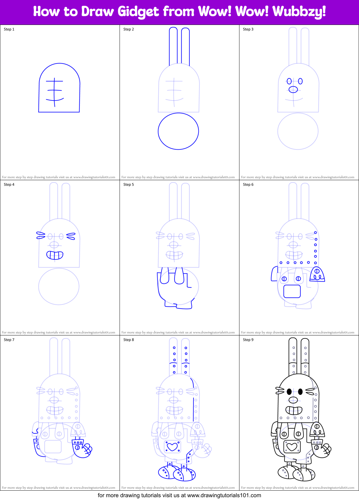 How to Draw Gidget from Wow! Wow! Wubbzy! Printable Step by Step