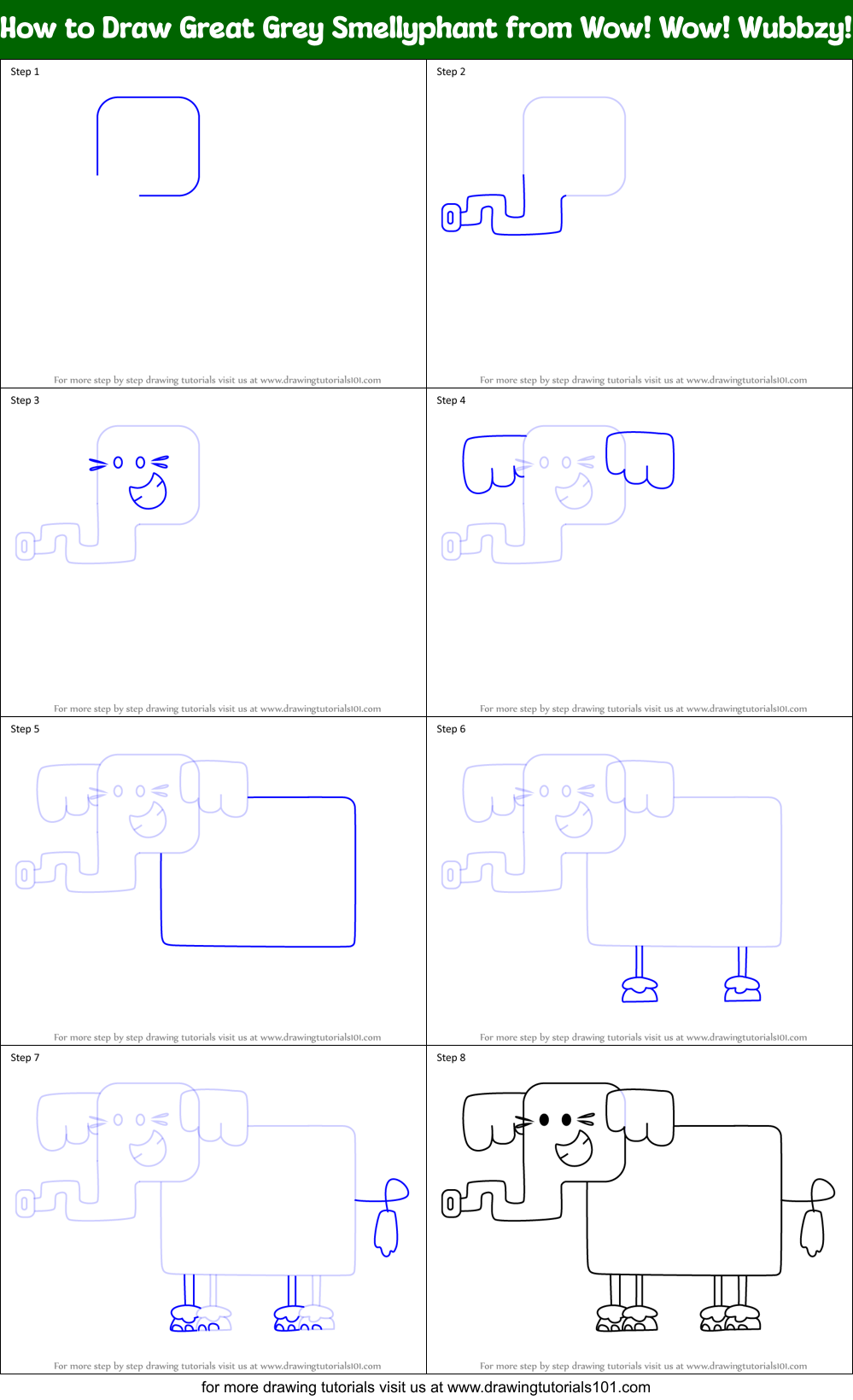 How to Draw Great Grey Smellyphant from Wow! Wow! Wubbzy! Printable Step by Step