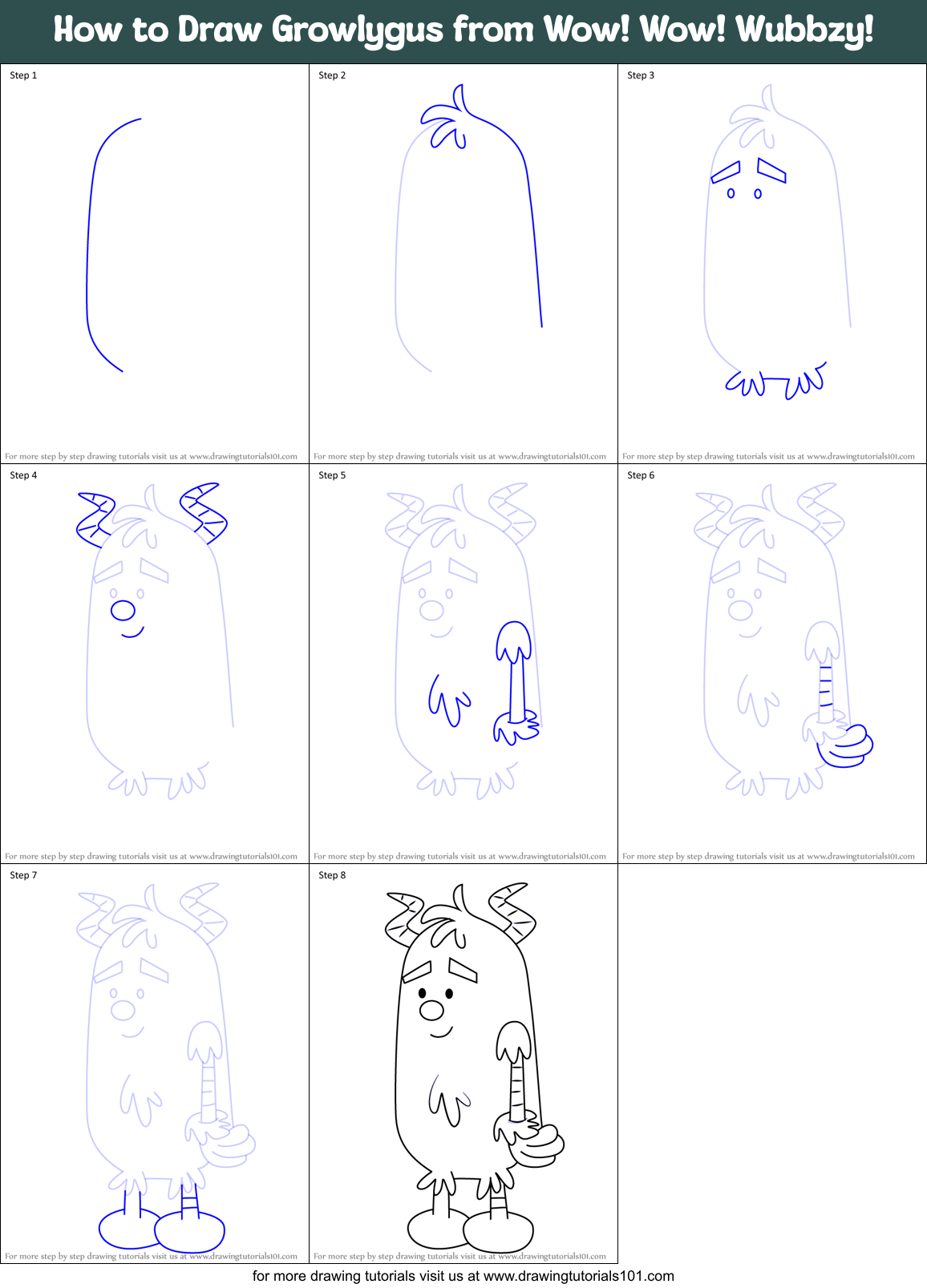 How to Draw Growlygus from Wow! Wow! Wubbzy! Printable Step by Step